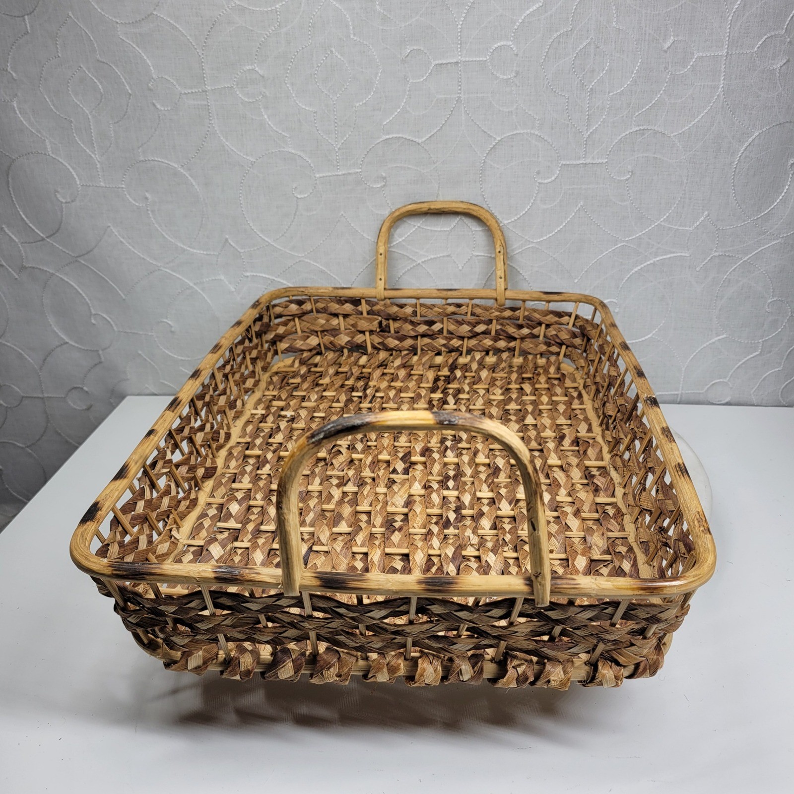 Handmade Braided Seagrass Tray Two Tone Woven Basket Cane Handles Boho Vintage