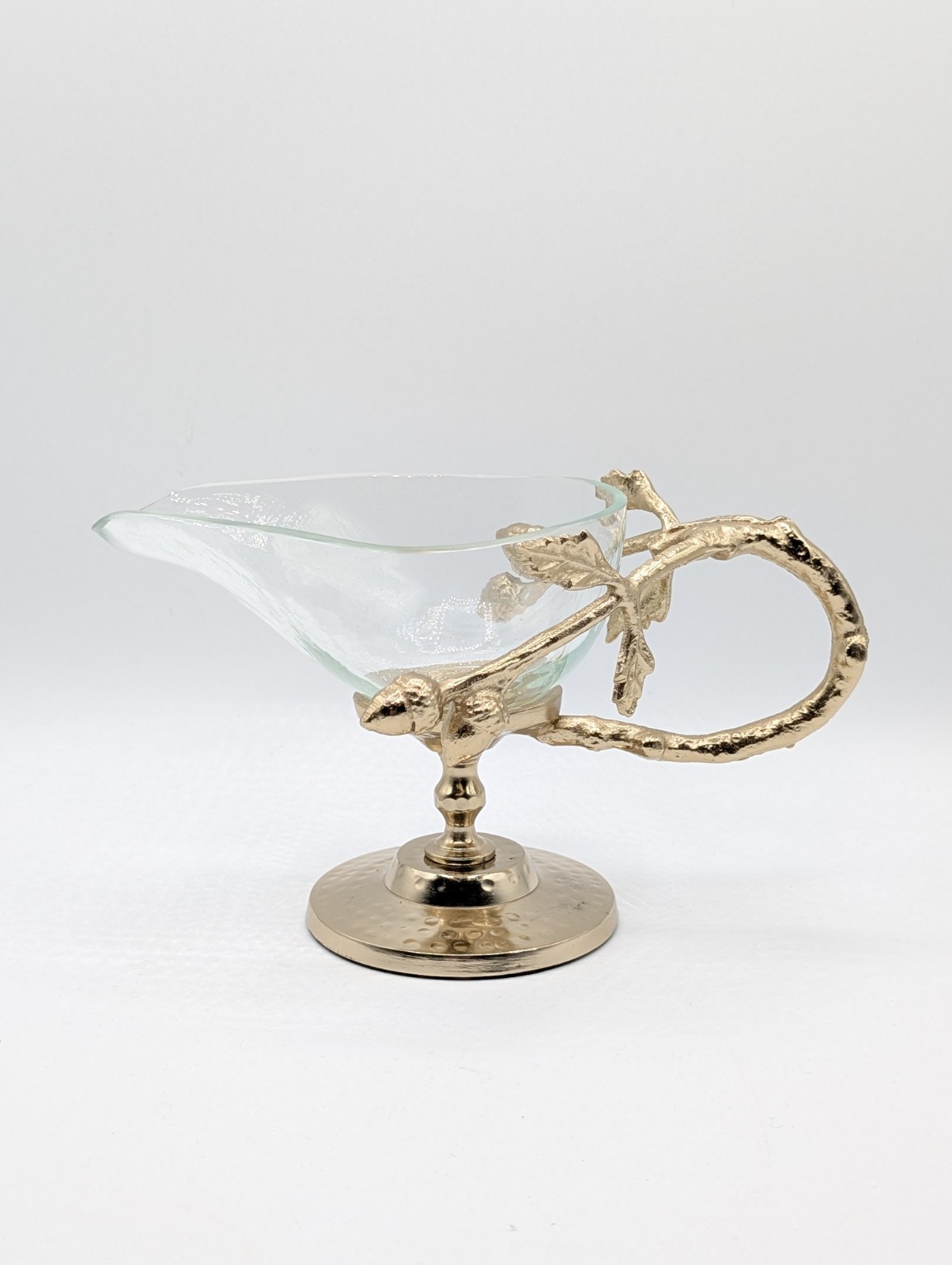 Gold Tone Branch Handle Glass Gravy Boat Sauce Server Elegant Table Decor 8.5”