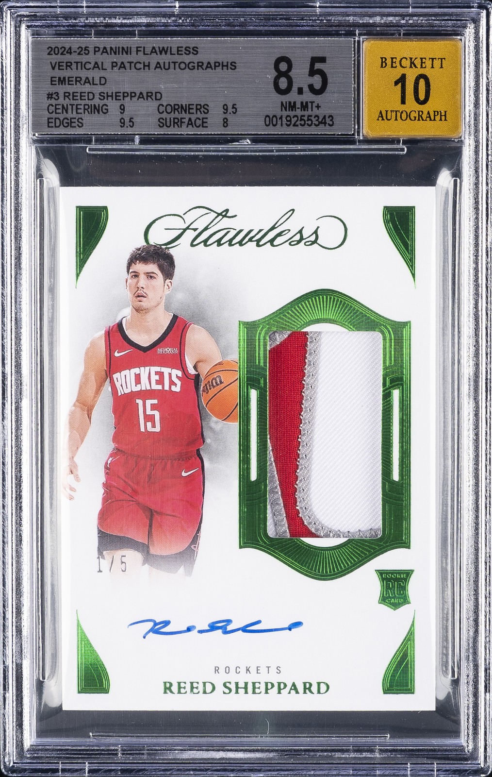 2024-25 PANINI FLAWLESS VERTICAL PATCH AUTOS EMERALD 1/5 REED SHEPPARD BGS 8.5