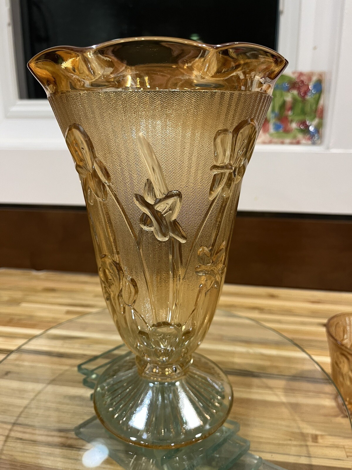 Jeannette Glass Vase Iridescent Iris And Herringbone Pattern Depression 9