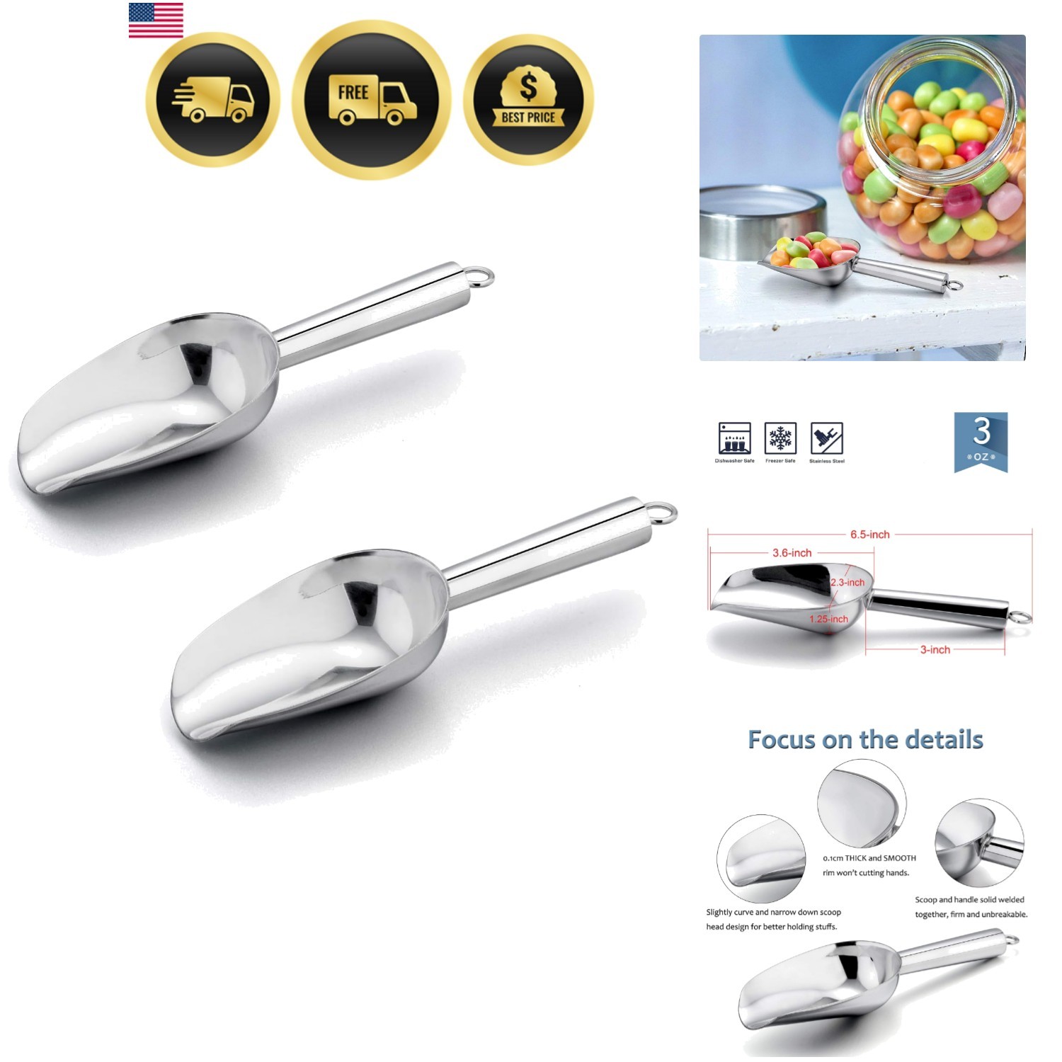 Mini Ice Scoop Set of 2 3 Ounce Stainless Steel Food Scoops for Freezer