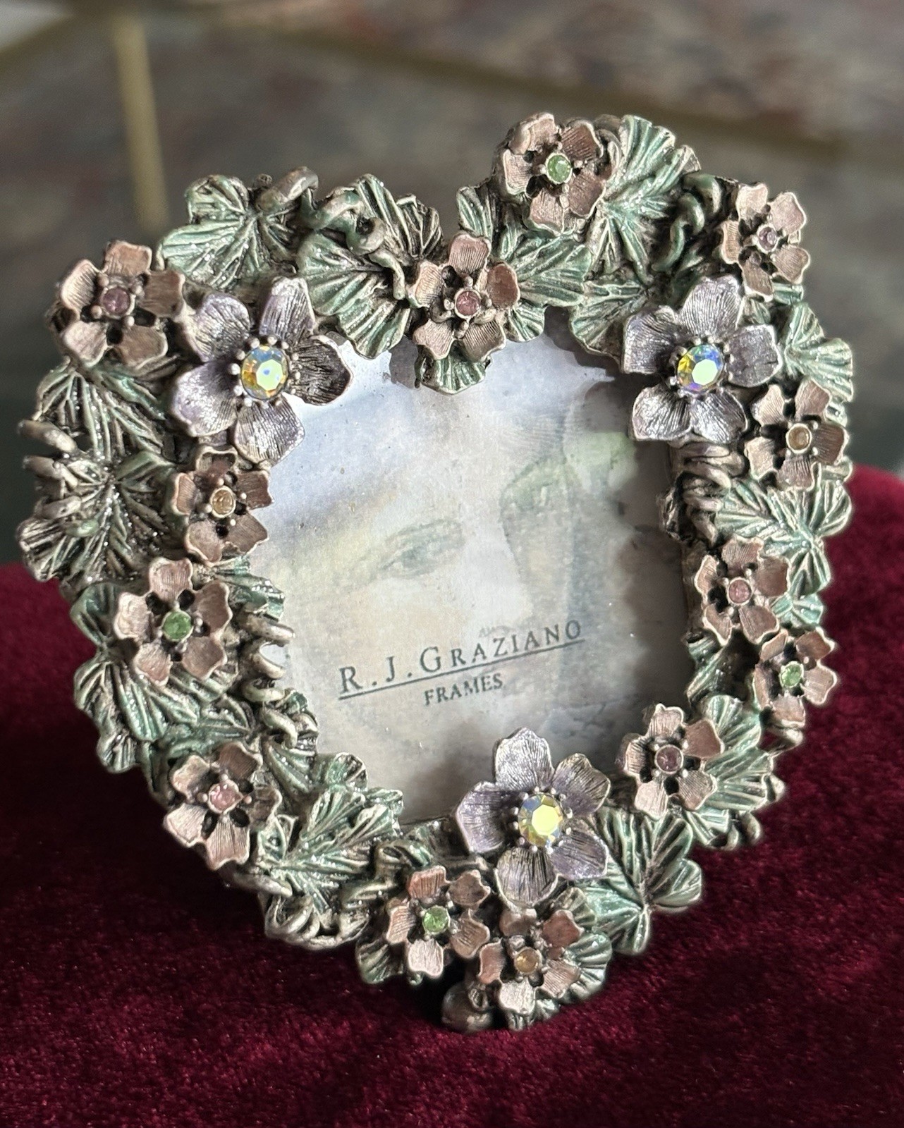 NEW w/ TAG R.J. Graziano NWT Heart Shaped Picture Frame Flowers Crystals 3” x 3”