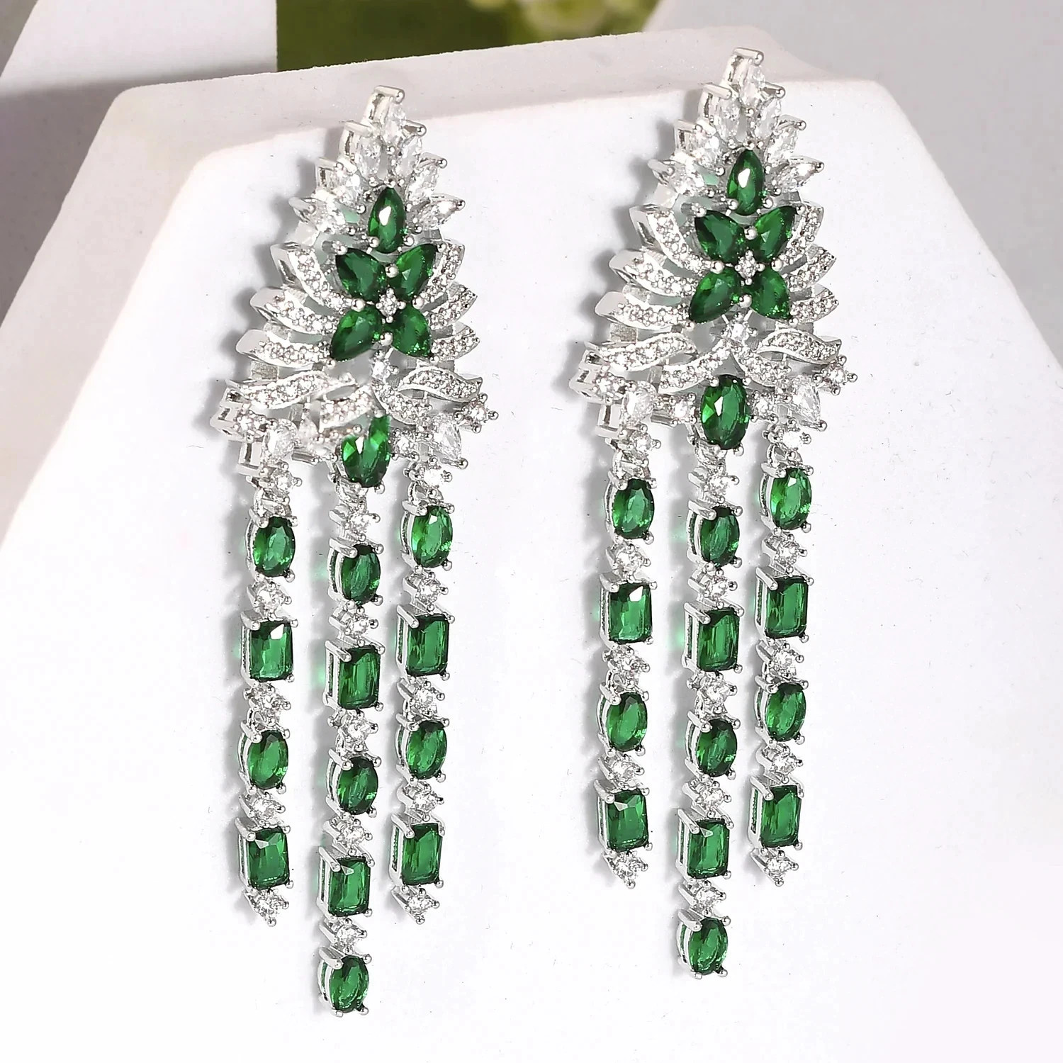Elegance Luxurious Emerald & Diamond Long Dangler Earrings 14K White Gold Over