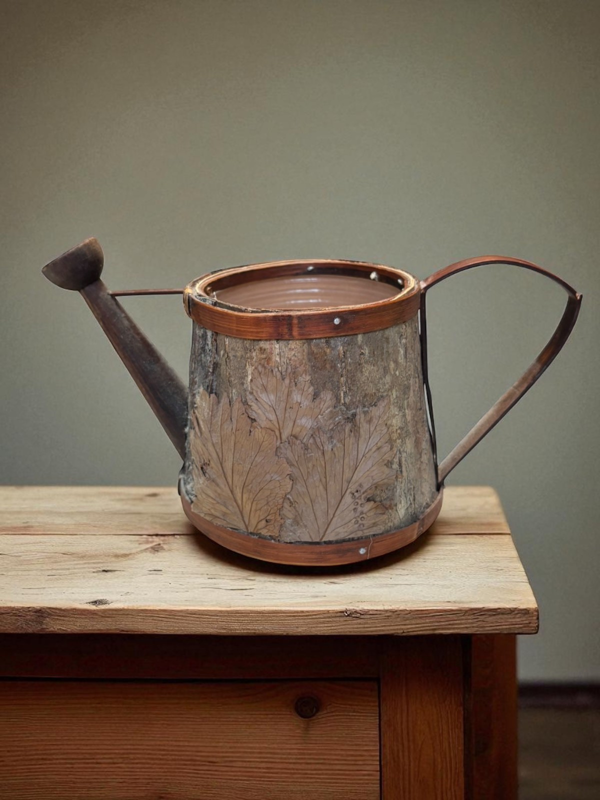 Vintage Primitive Wood Bark Rustic Wooden Watering Can Planter 5x9x5
