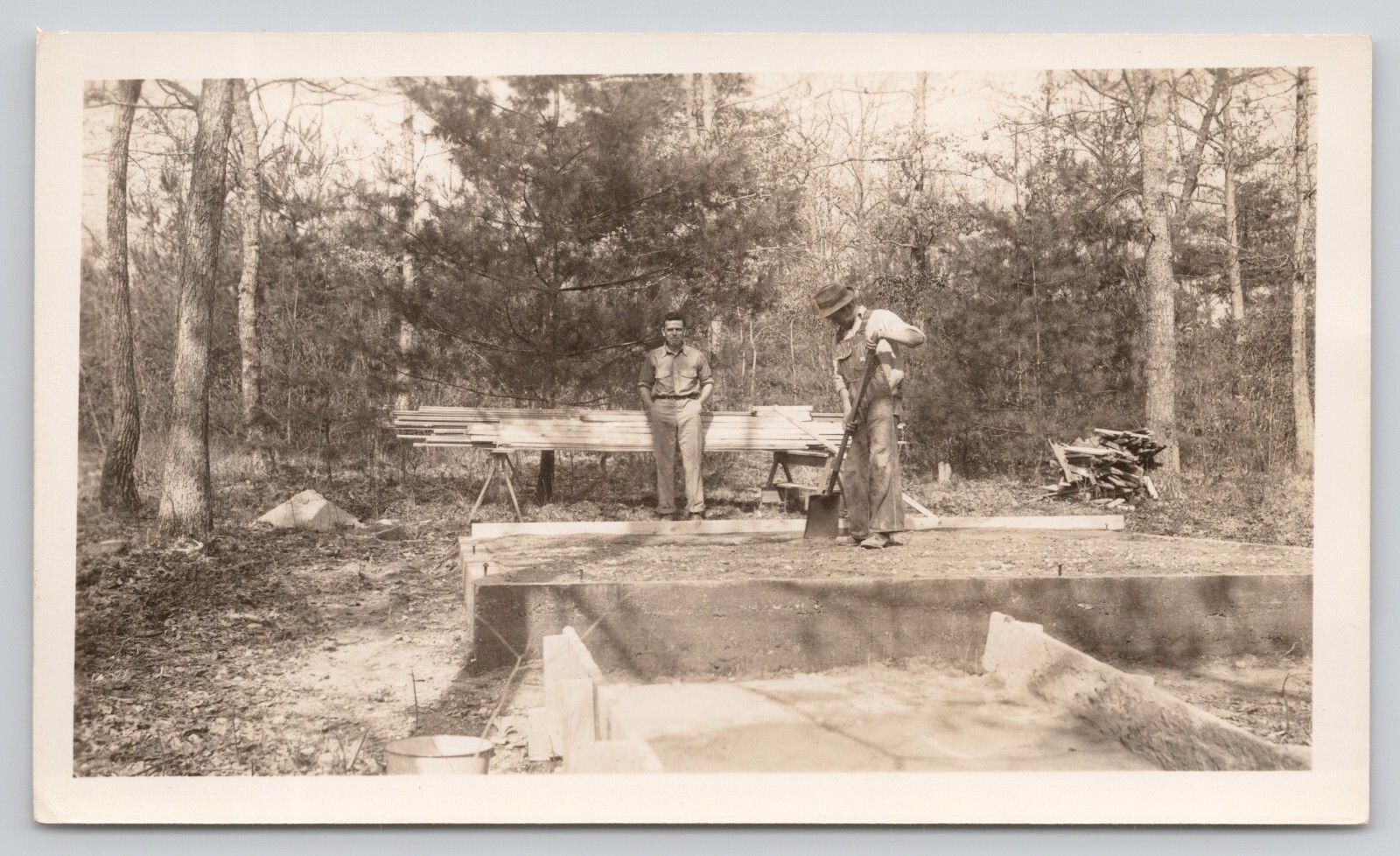 Vintage Photo Man Overseeing the Laying of a Foundation Construction Overalls