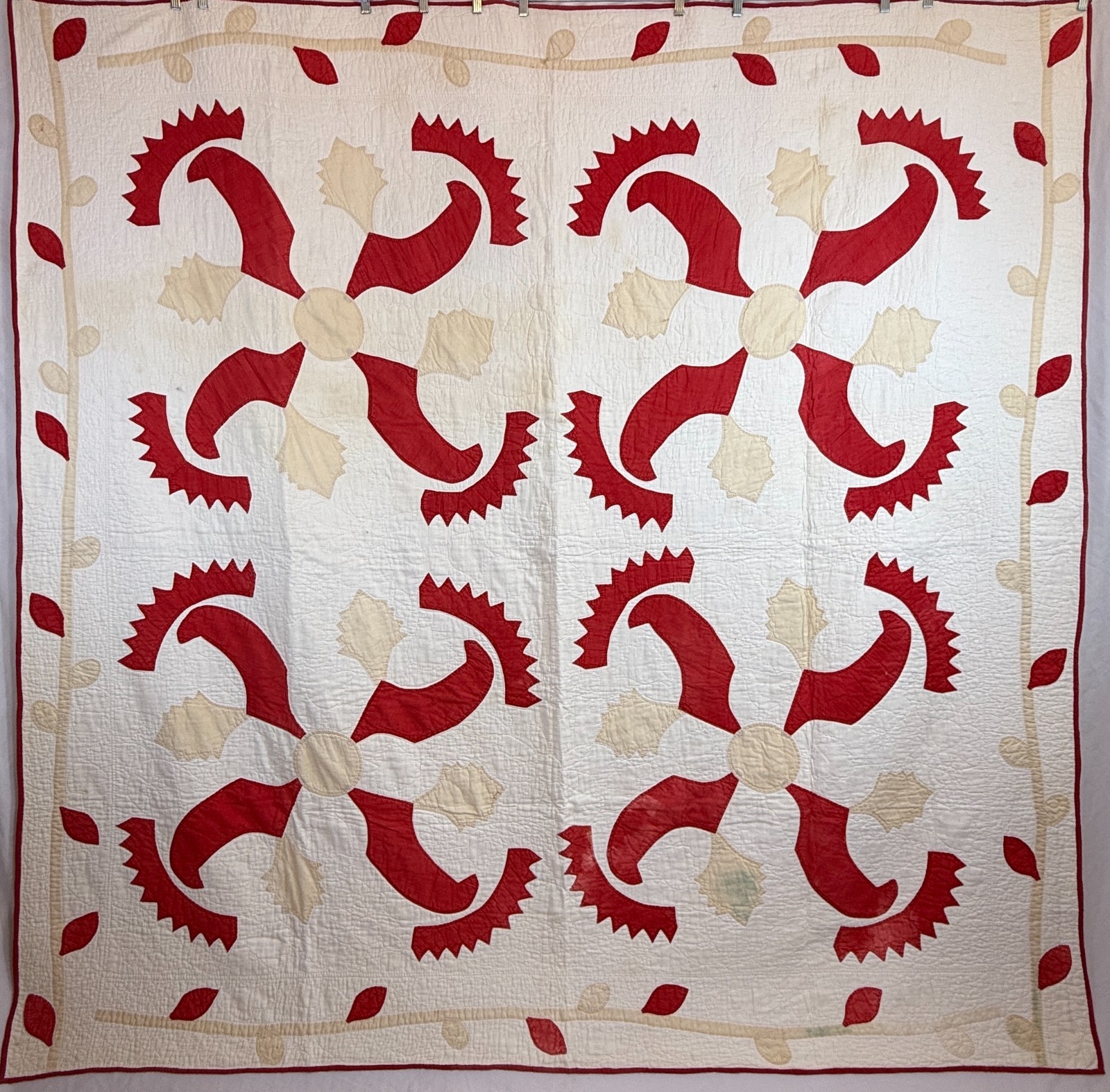 Antique c1880 Turkey Red Cockscomb Princess Feather Applique Quilt Folk Art 79