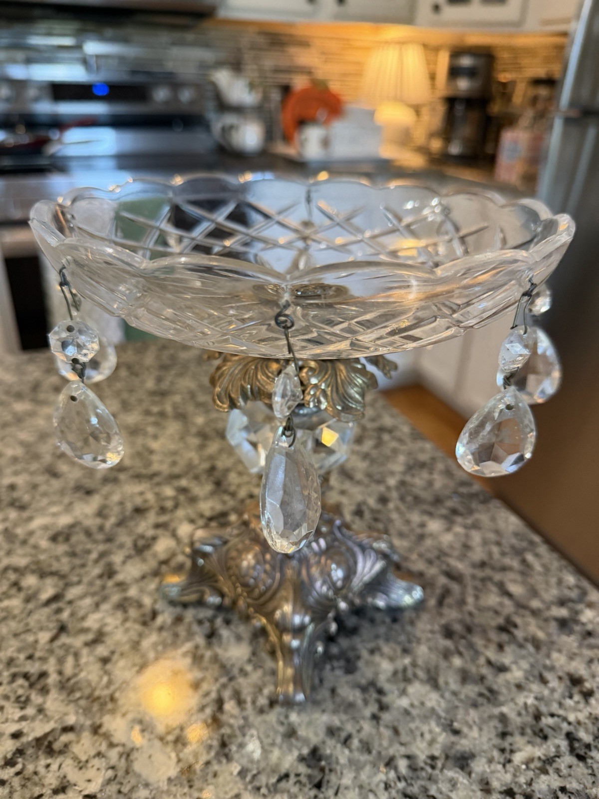 Antique Crystal Fruit Bowl w/Hanging Prisms Brass Pedestal 8.5” Tall