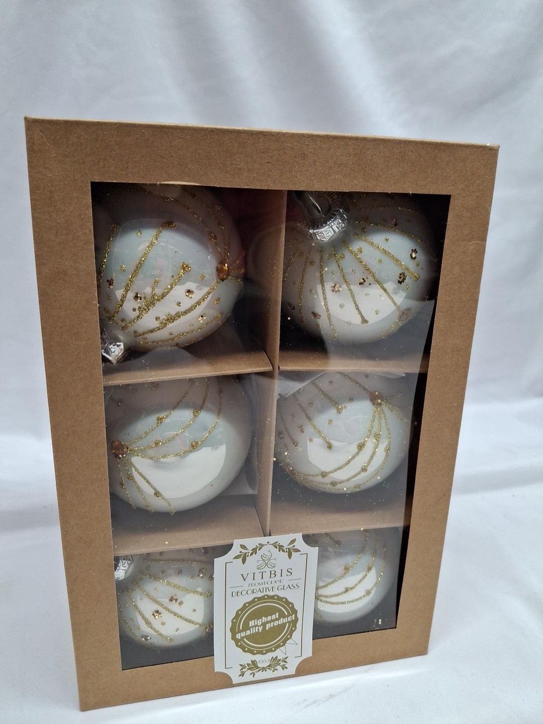 Vitbis Poland Handcrafted 6 Glass Christmas Holiday Ornaments Gold & Ivory NEW Vitbis Poland Handcrafted 6 Glass Christmas Holiday Ornaments Gold & Ivory NEW