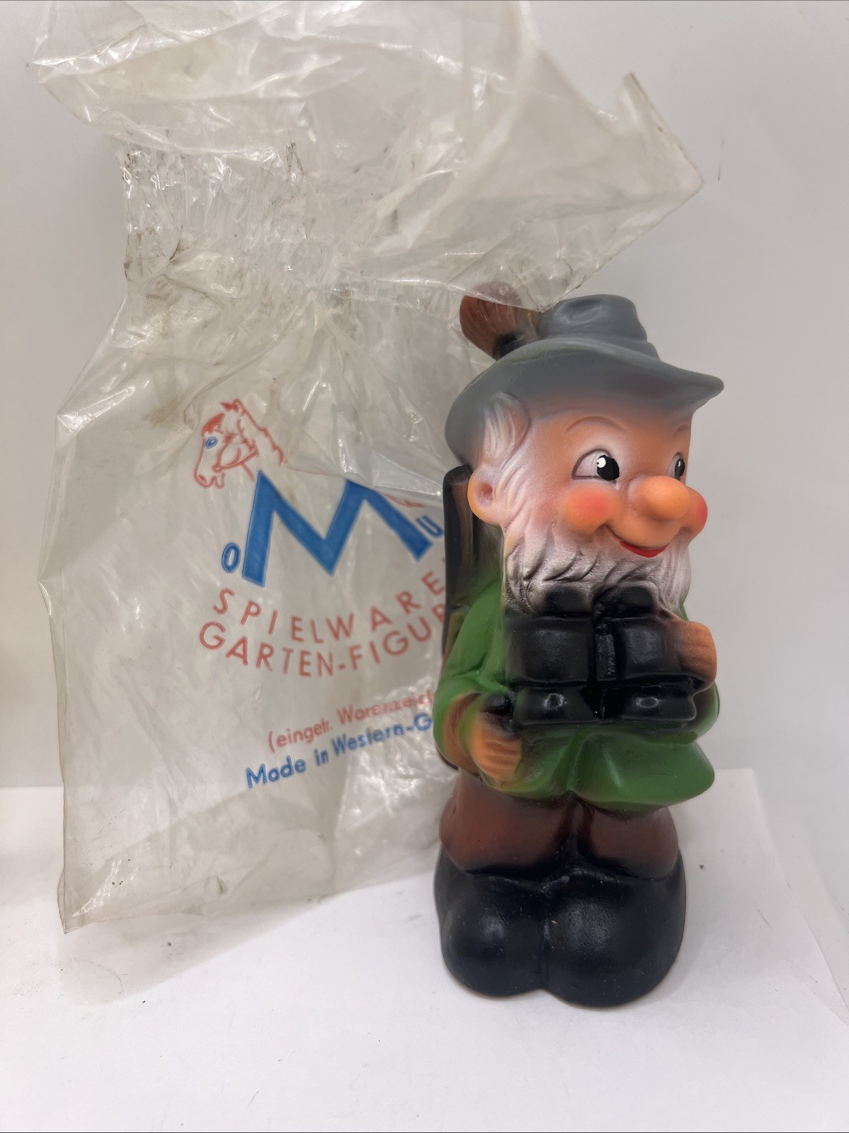 Vtg West Germany 5” Garden Gnome  #6004 Hunter W/ Rifle And Binoculars Rubber