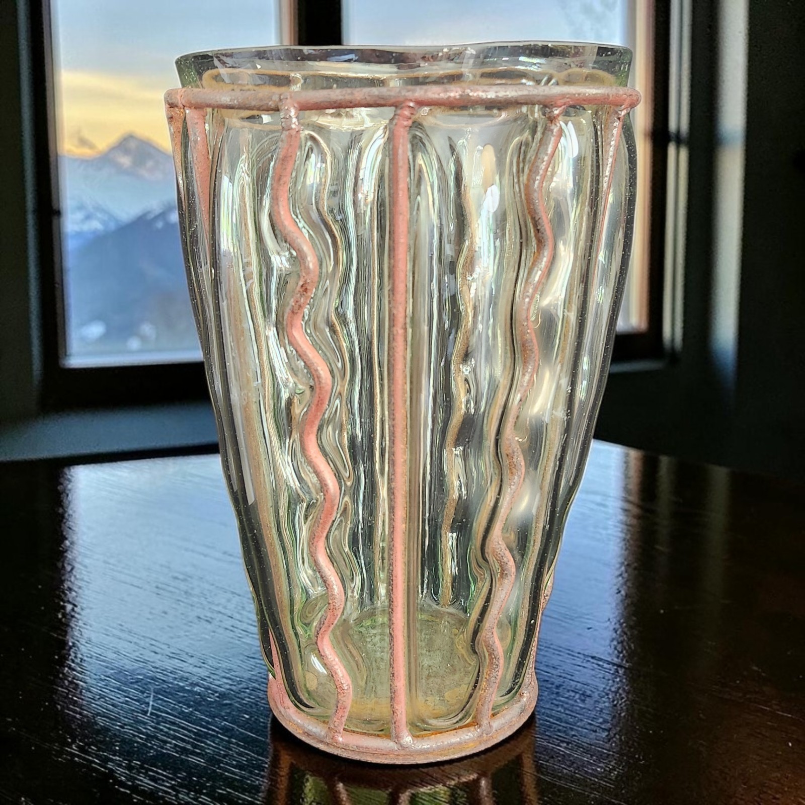 Vtg Solid Brass Caged Glass Vase Brutalist Straight & Wavy Ribs 8.75\