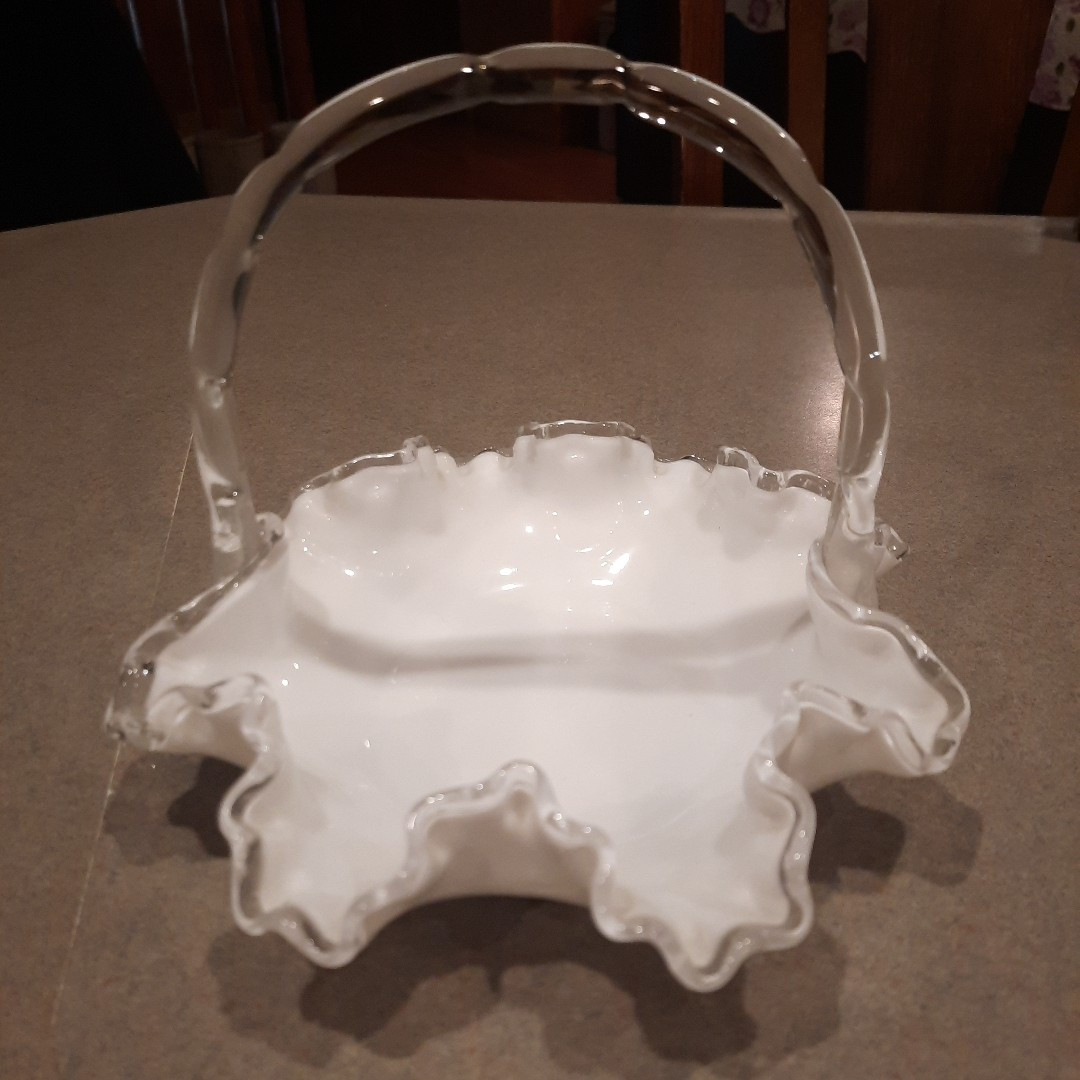 Fenton Silver Crest White Milk Glass Ruffled Crimped Edge Bowl Basket w/ Handle