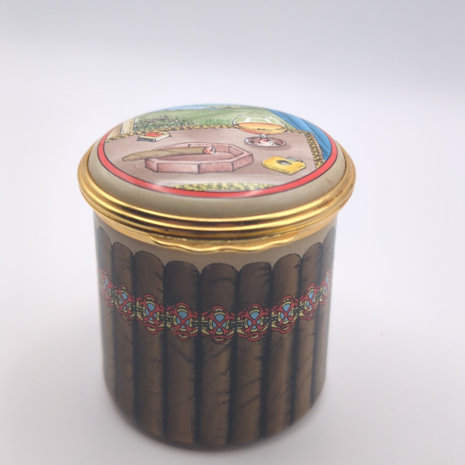  Halcyon Days Enamel Trinket Pill Box Cigars Tobacciana 