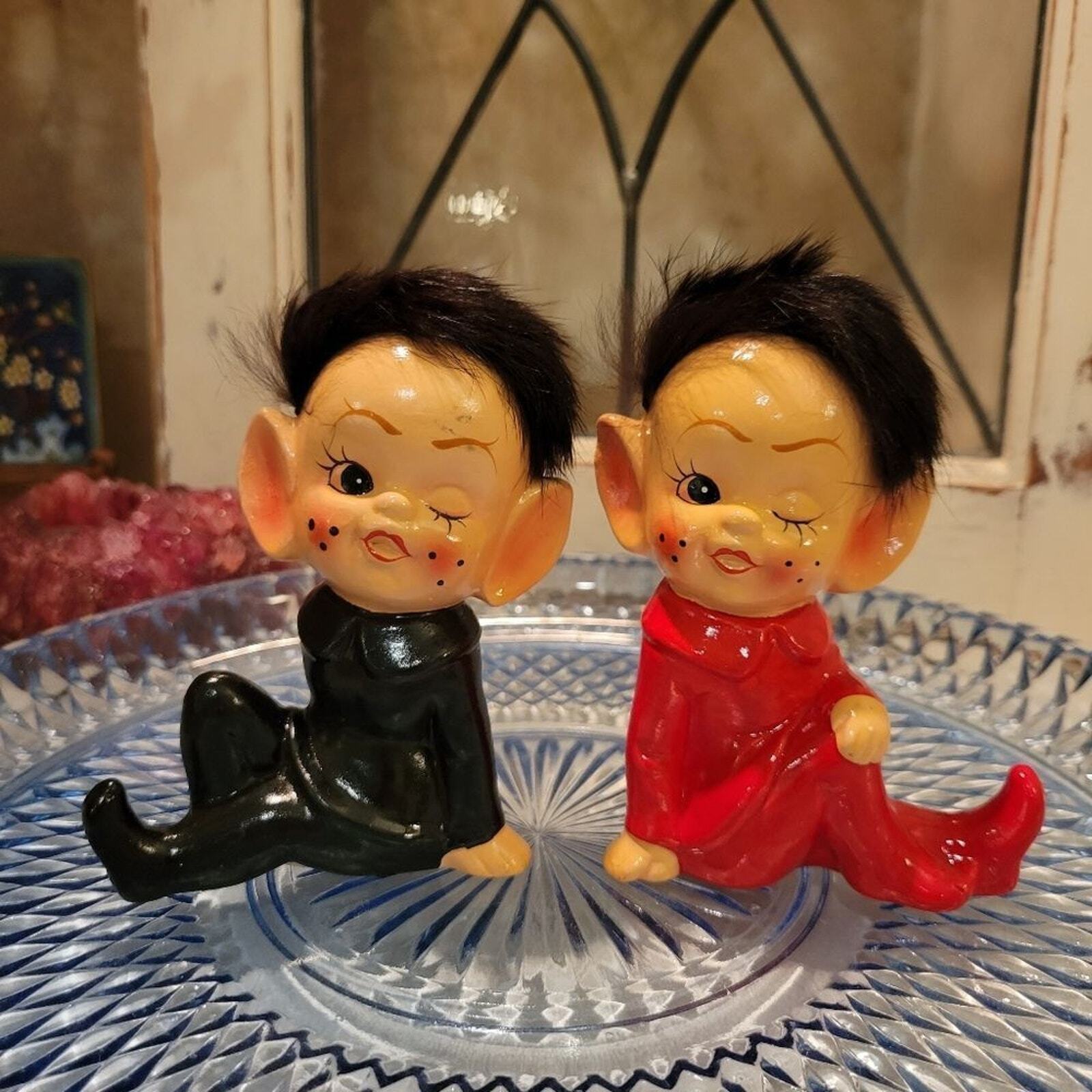 Rare Vintage Pixie Elf 60's Figurines with fur hair and pointy ears