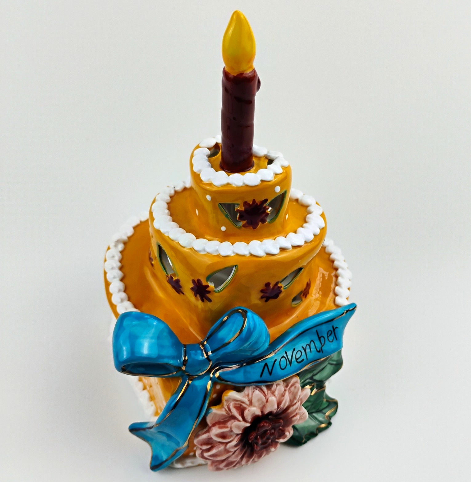 Blue Sky Ceramics NOVEMBER Birthday Cake Ceramic Candle Holder Floral 2011
