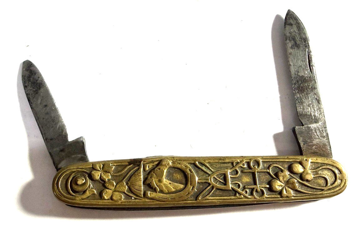 Antique Embossed Brass 2 Blade Pocket Knife