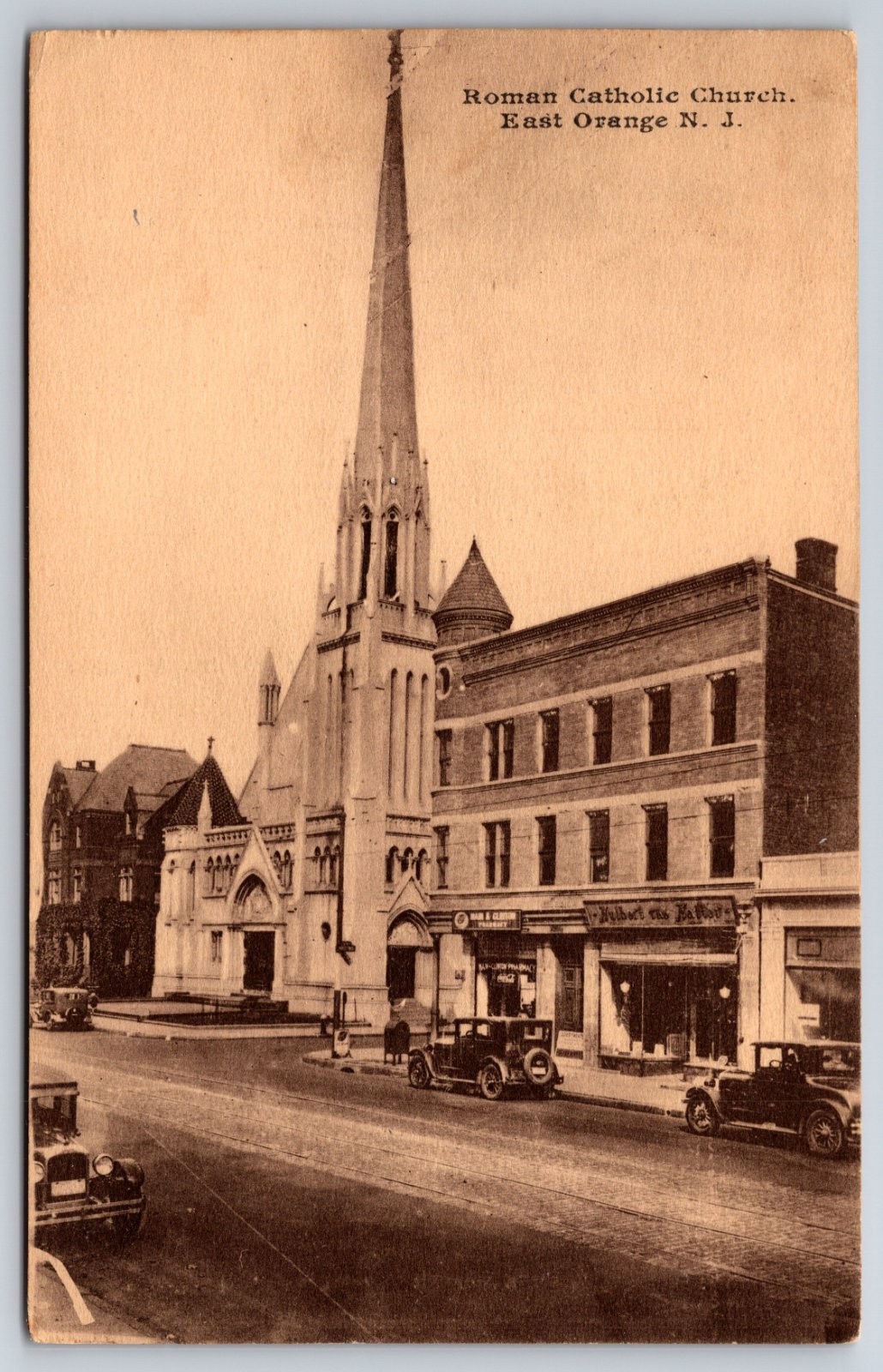 Roman Catholic Church East Orange New Jersey Street Scene Old Cars Postcard