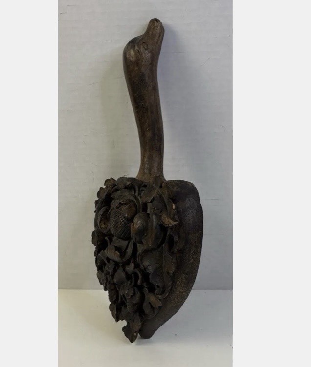 Exceptional Hand-Carved Wooden Rice Paddle | Intricate Asian Folk Art Sculpture