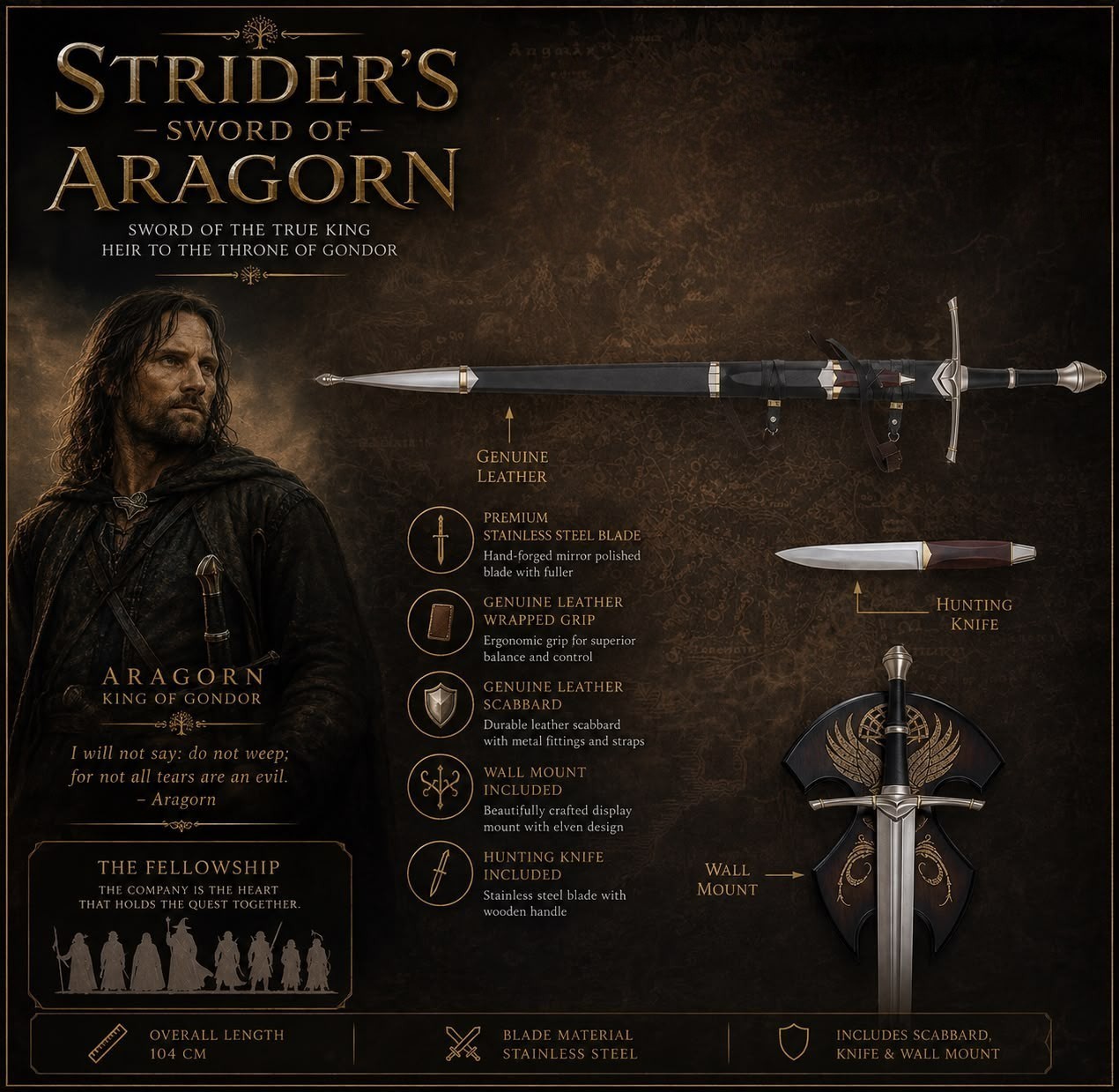 Handmade Strider’s Sword Replica, Aragorn Ranger Medieval  Scabbbard & Plaque bf