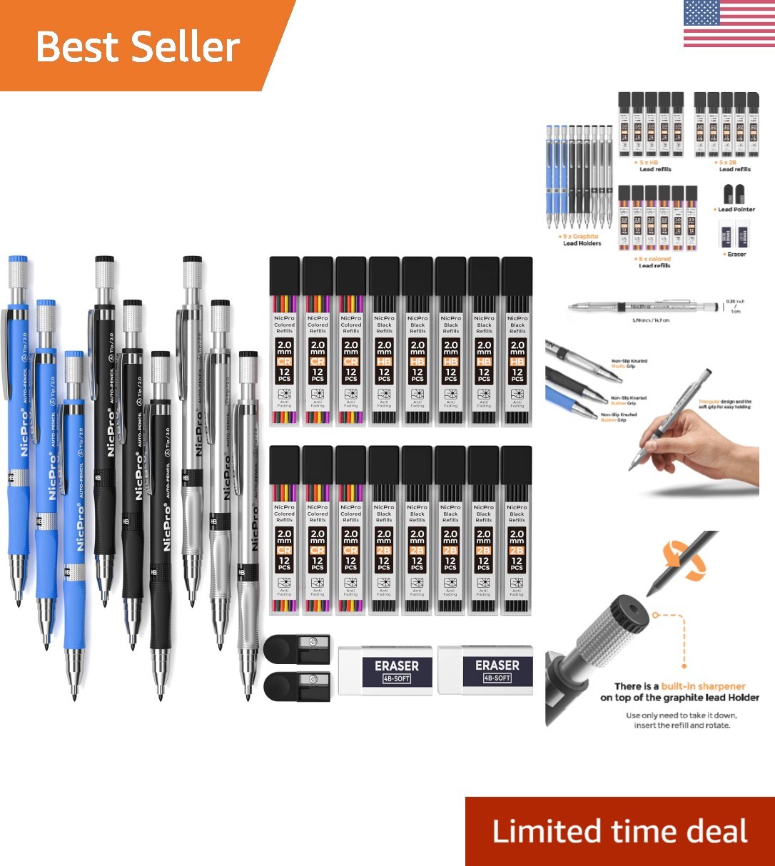 Pro 29-Piece 2.0mm Mechanical Pencil Set -  Leads & Comfort Grip Included