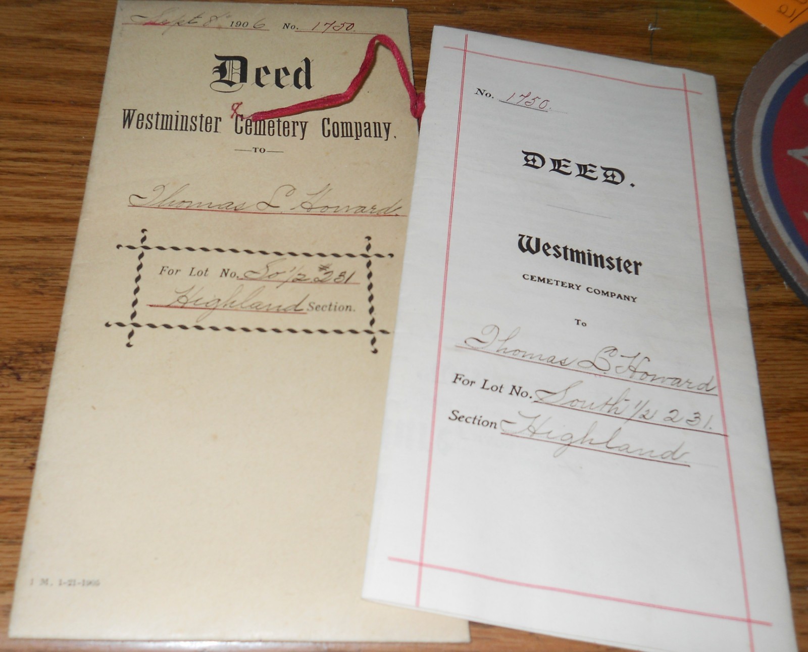1906 Westminster Cemetery Co Deed Thomas L. Howard~Philadelphia