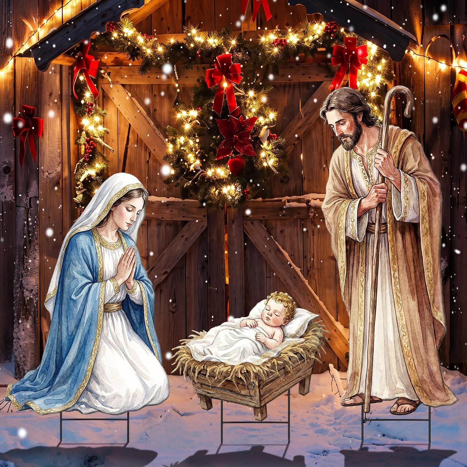 3 Pcs Metal Christmas Outdoor Nativity Scene Set 54.3 Inch Large Christmas Holy