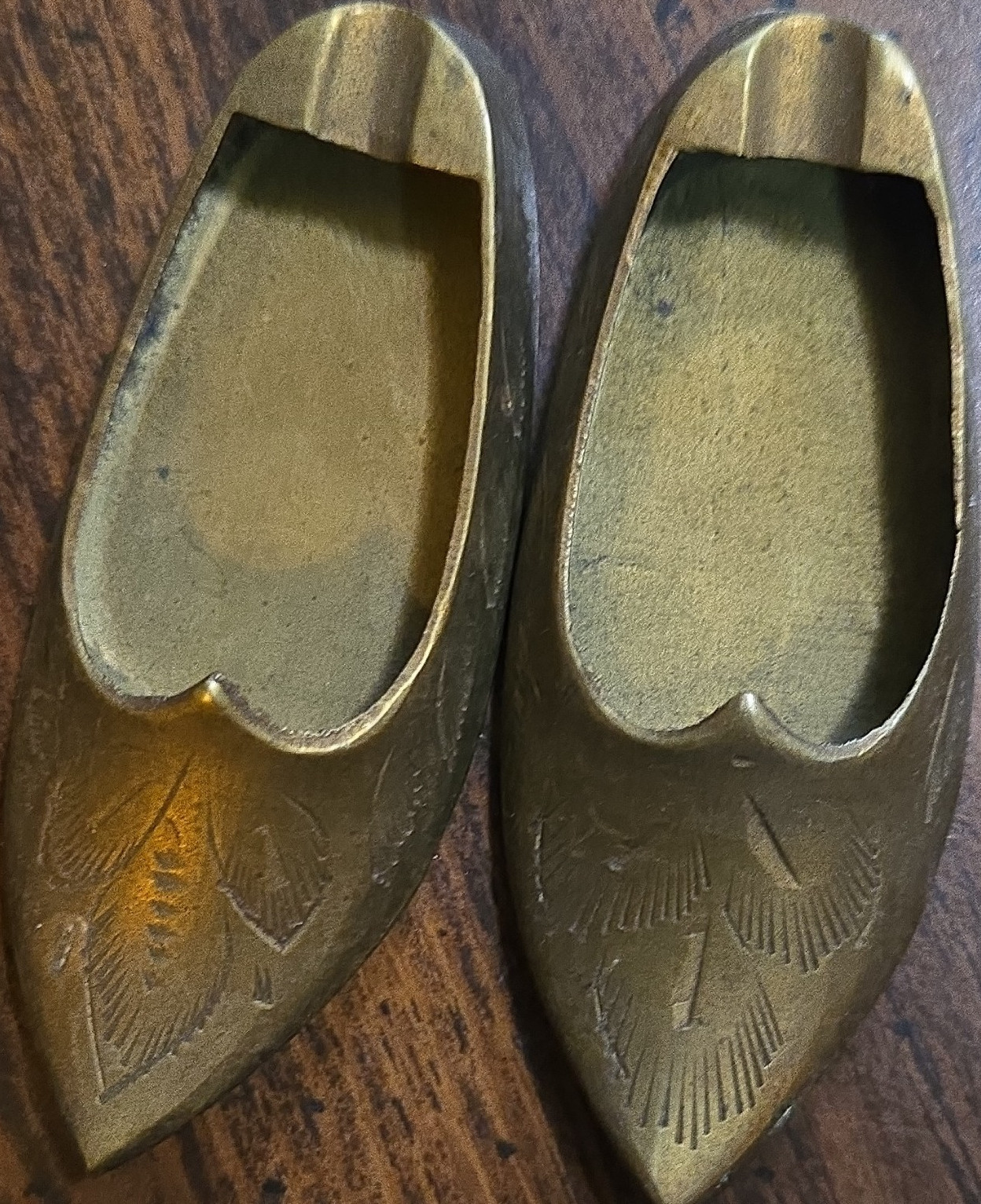 Brass Shoe Figurines Pair with Engraved Design