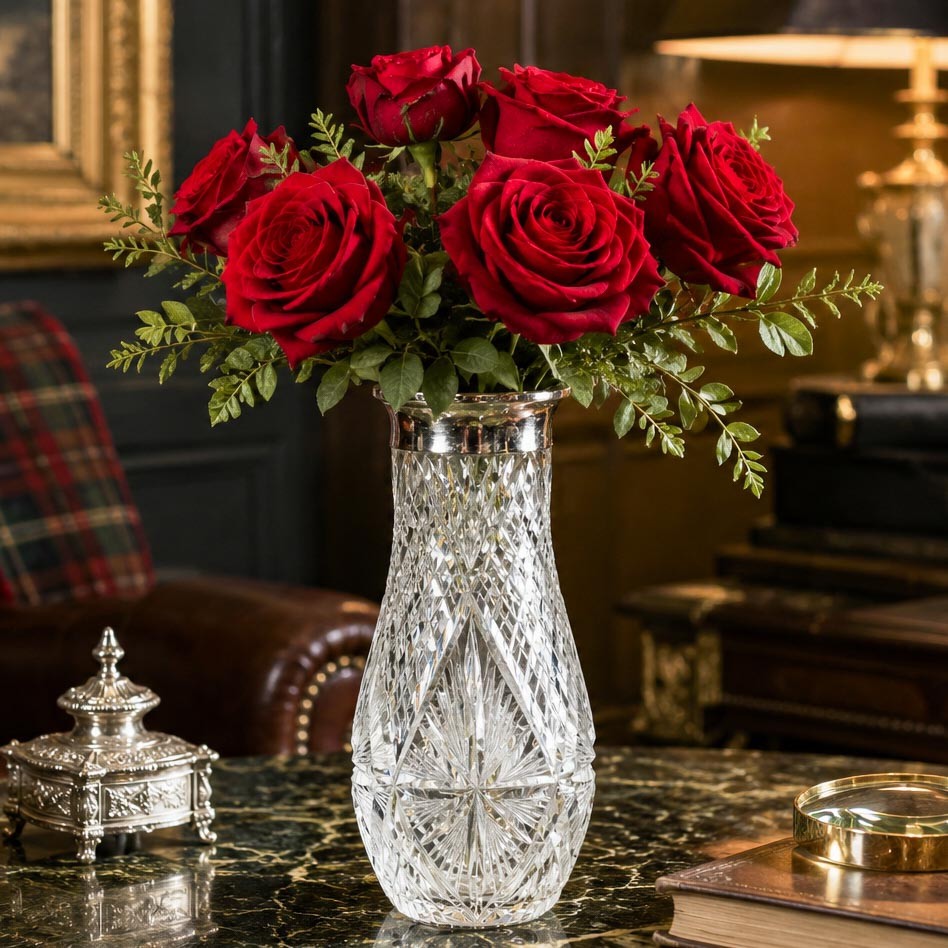 Heavy Large Hand Cut Crystal German 800 Silver Luxury Flower Vase Heavy Large Hand Cut Crystal German 800 Silver Luxury Flower Vase