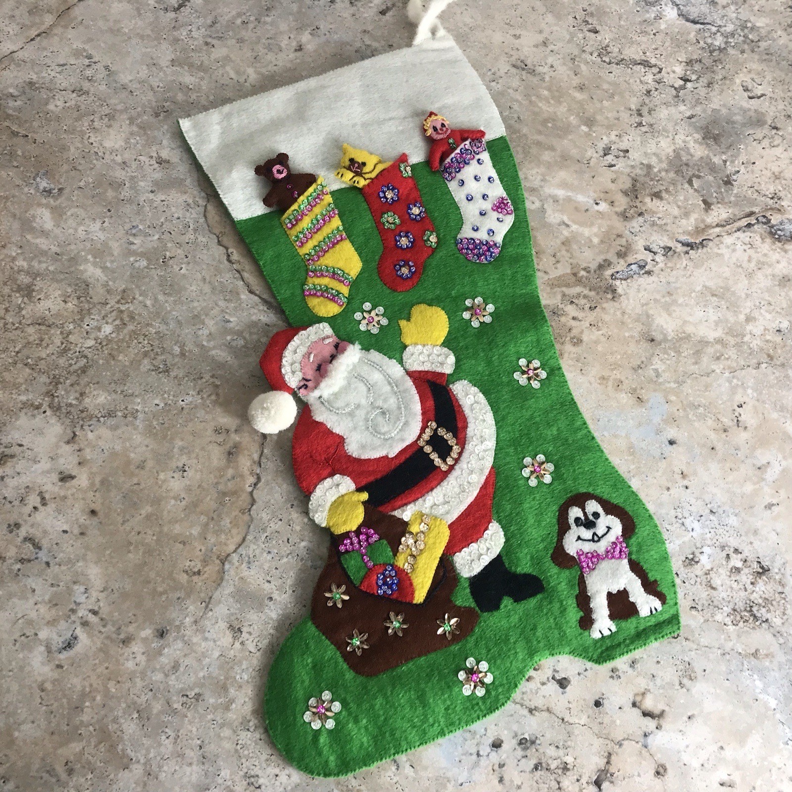 VINTAGE CHRISTMAS FELT BEADED SANTA CLAUS WITH PUPPY DOG HANDMADE STOCKING