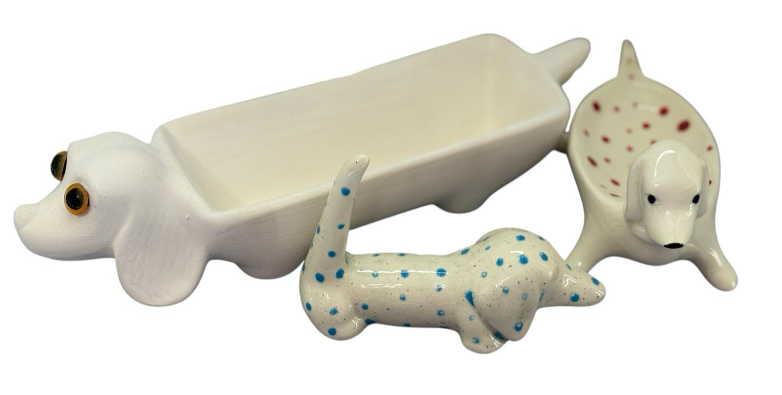 Dachshund dog polka dot Trio- ring, trinket and Hotdog holders  hand painted