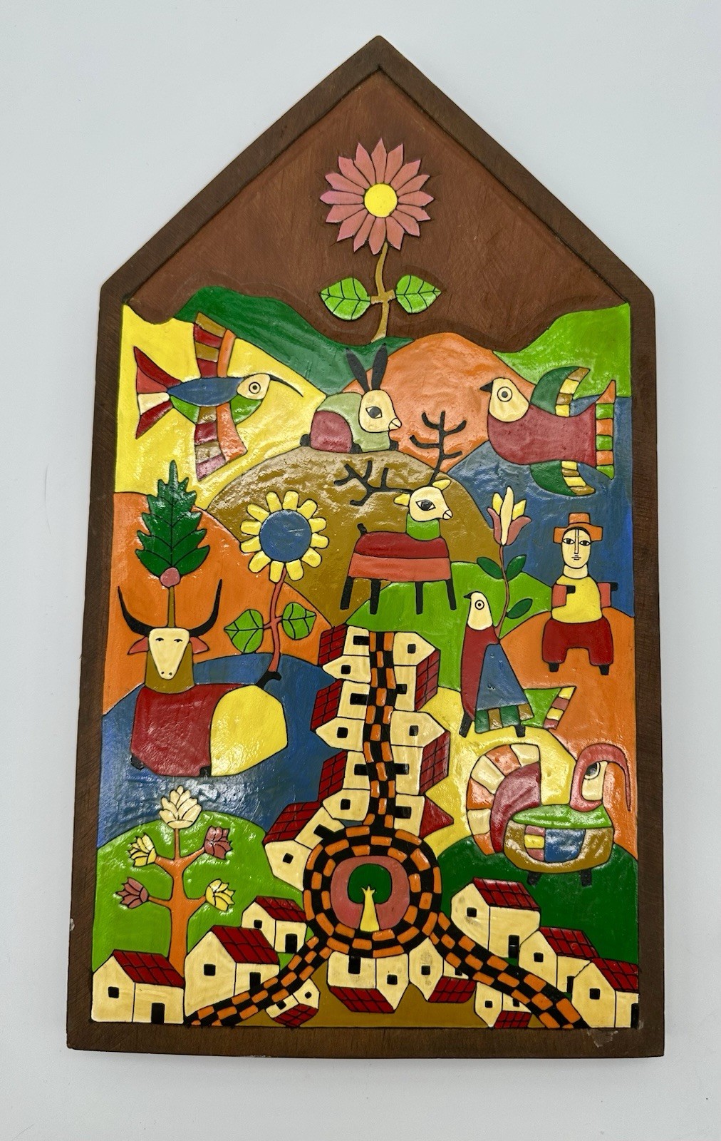 El Salvador La Palma Folk Art Wood Bird Plaque Hand Painted Village 14” X 8”