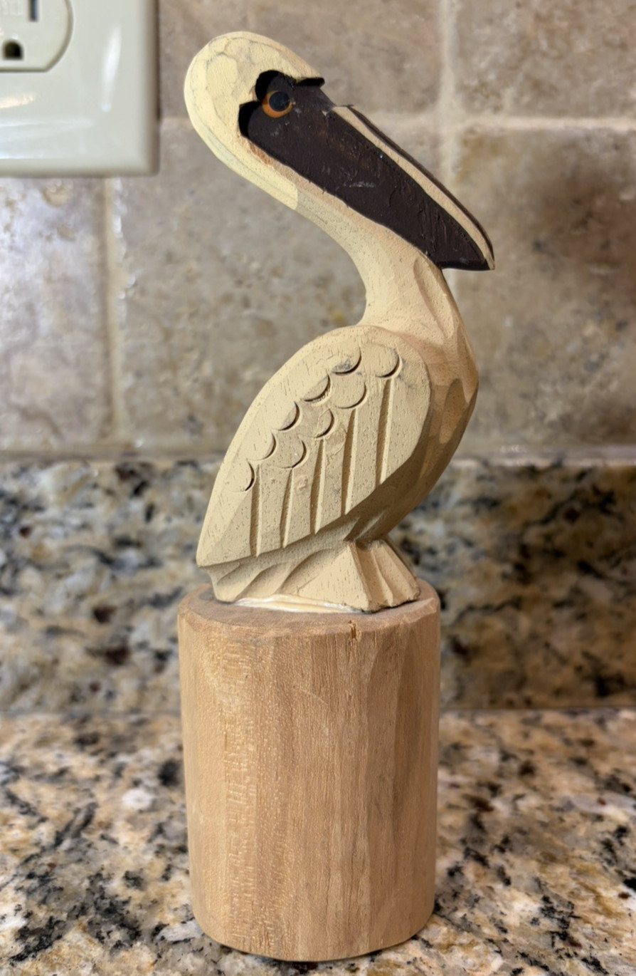Vintage Hand Carved Wooden Pelican Sitting On Log Dock Pier