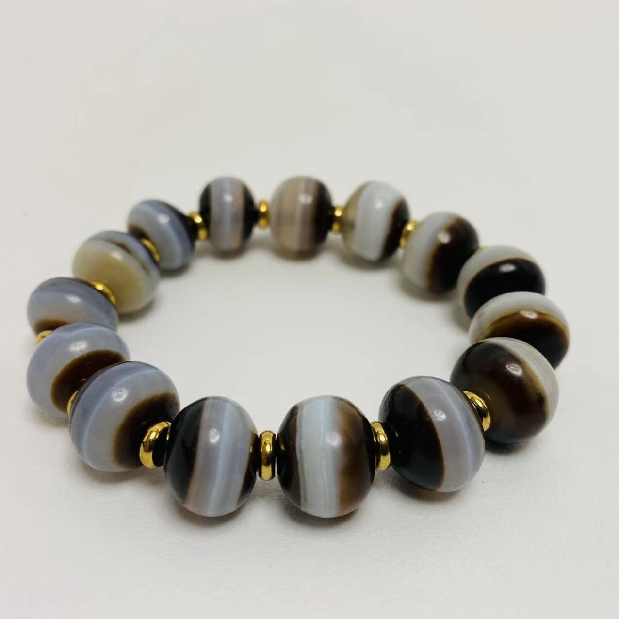 Old Tibetan Agate Line Healer Medicinal Energy Round Striped Dzi Beads Bracelet