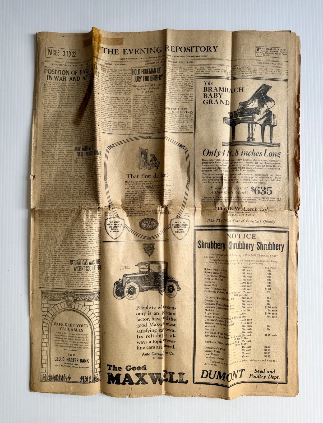 1923 Canton, Ohio Newspaper The Evening Repository- Ads, Baseball, Society