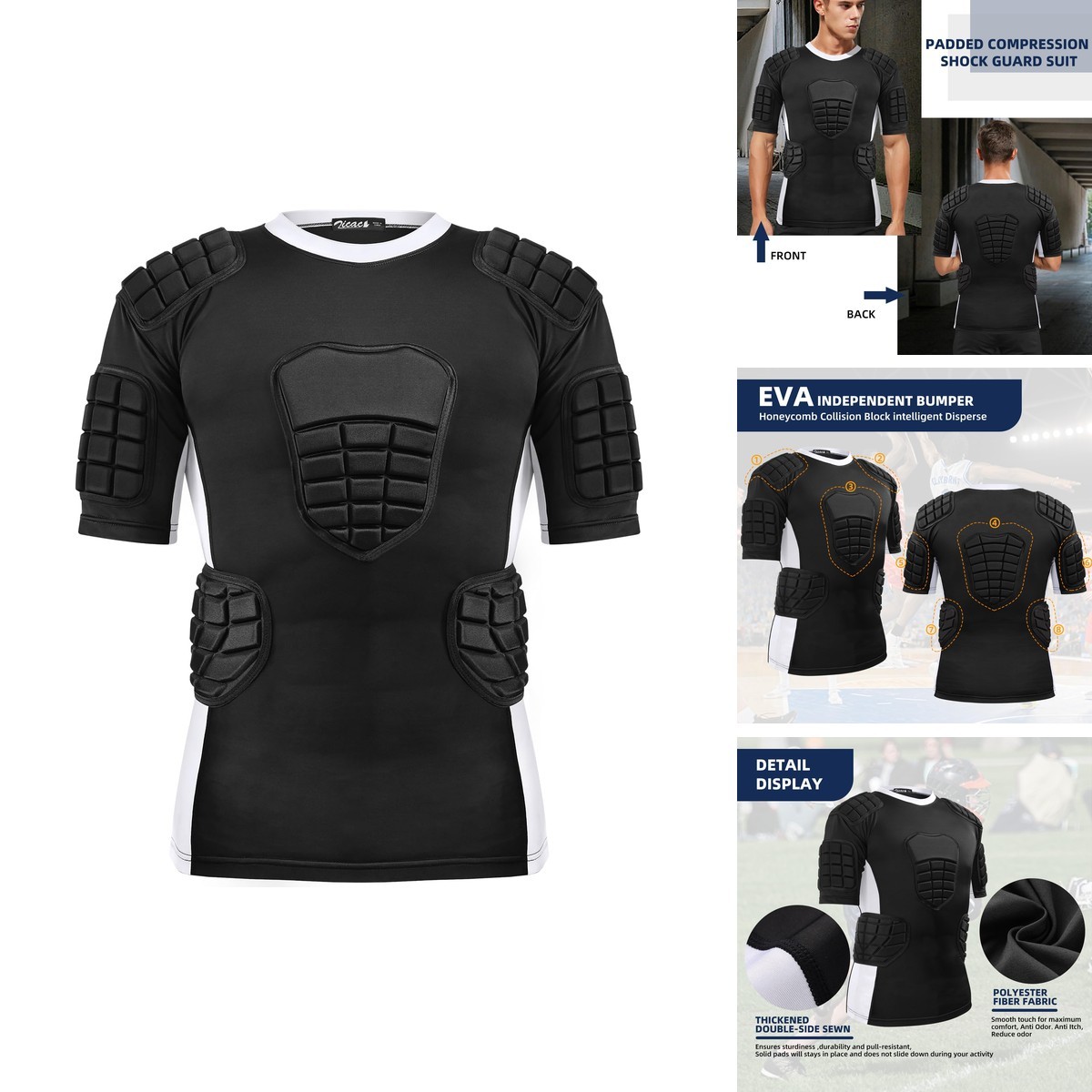 Zicac Men\'s Padded Compression Shirt 8-Pads Rib Protectors Football Rugby Zicac Men\'s Padded Compression Shirt 8-Pads Rib Protectors Football Rugby