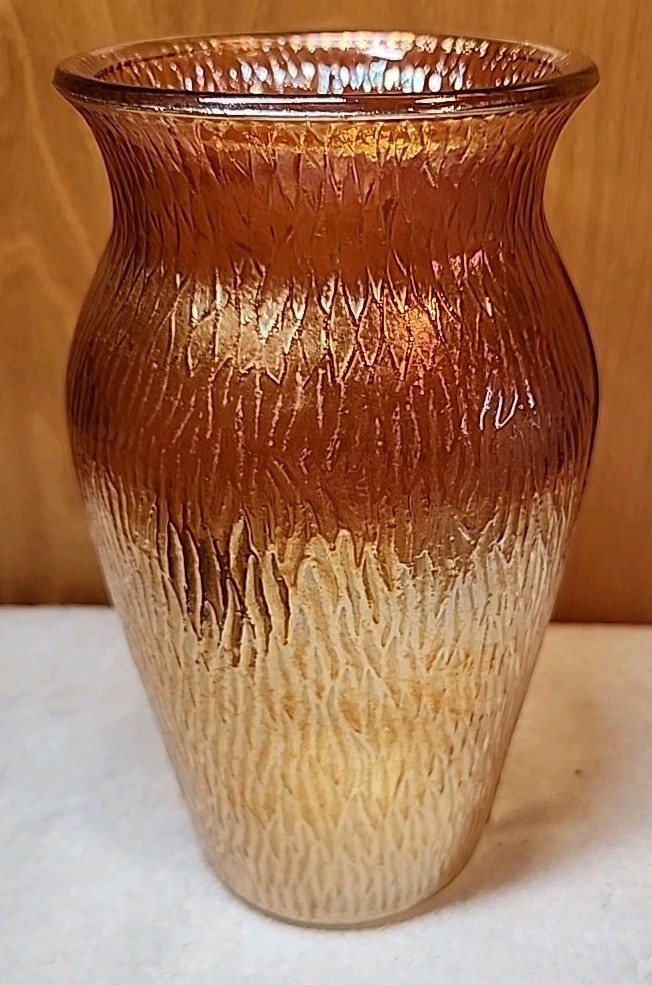 Vintage Jeannette Marigold Carnival Glass Vase Tree Bark Design 2104-1,  7.5 H