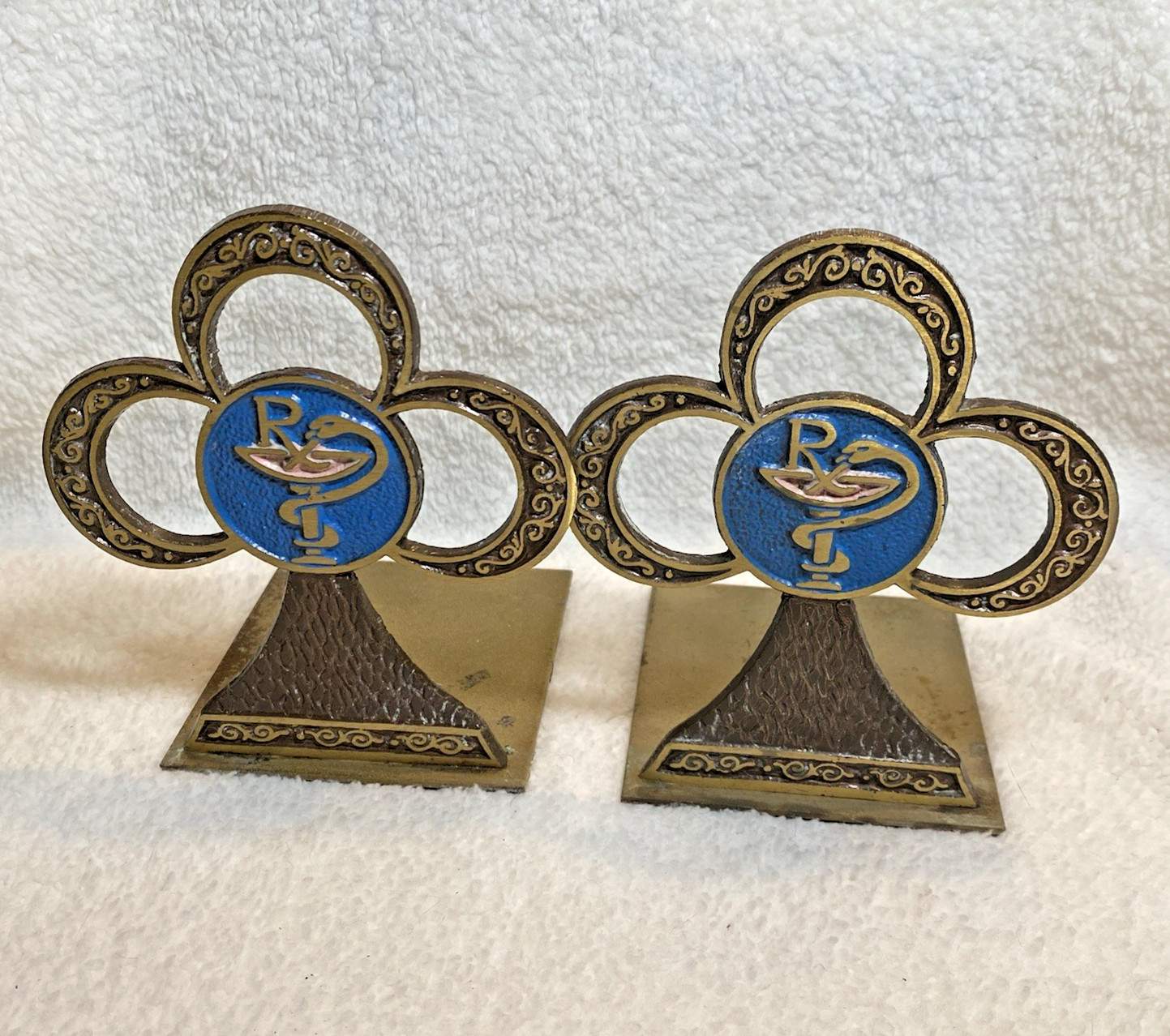 Vtg Enameled Metal Bookends Judaica Medical Rx Pharmaceutical Bowl of Hygieia
