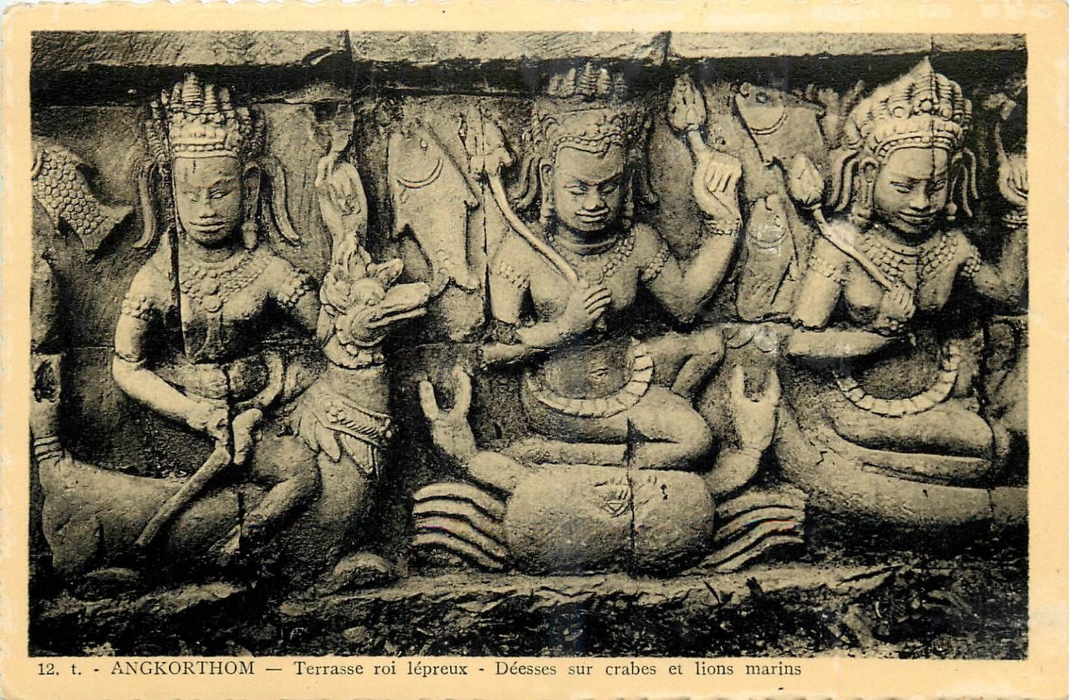 Angkor Thom Terrace of Leper King Goddesses Cambodia Postcard 1930s Angkor Thom Terrace of Leper King Goddesses Cambodia Postcard 1930s