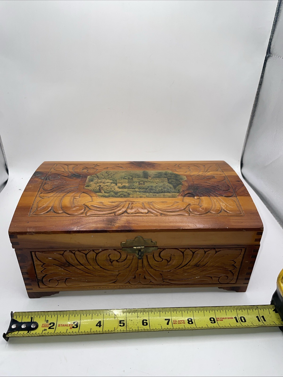 Vintage hand carved cedar wood jewelry box