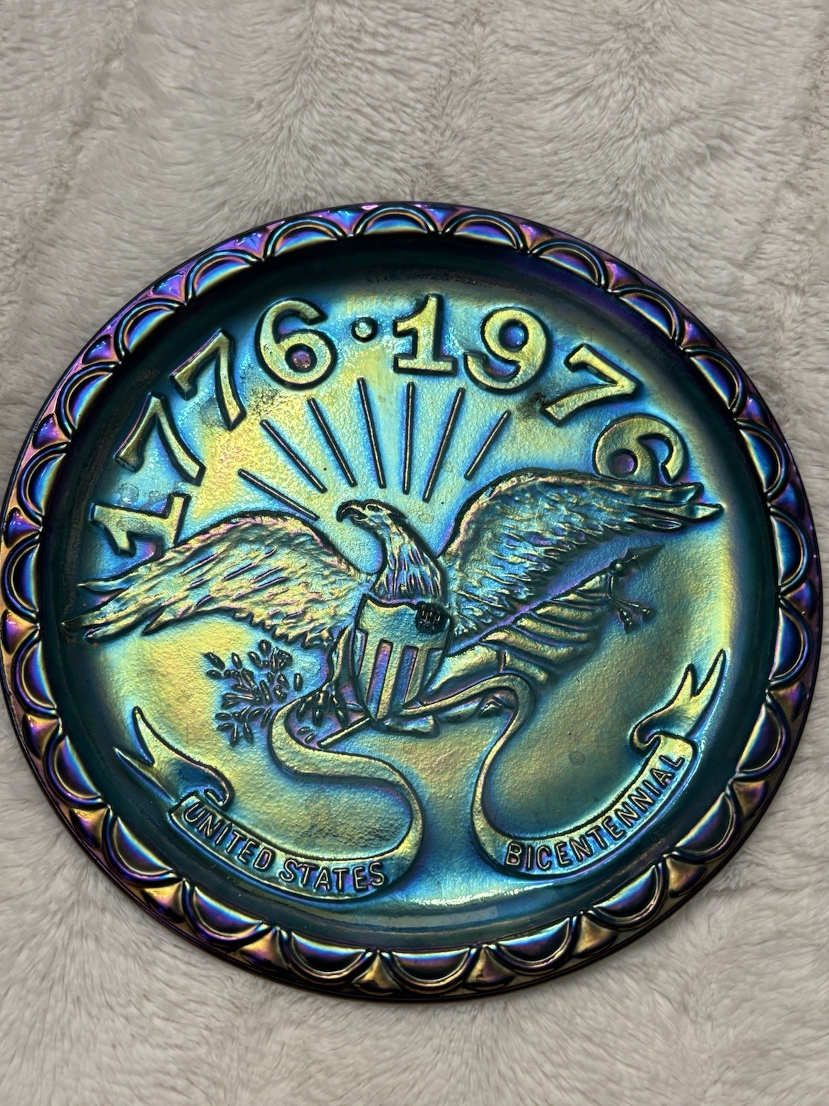 Vintage Blue Glass  Bicentennial Irredescent Carnival Glass USA 1776-1976 Plate