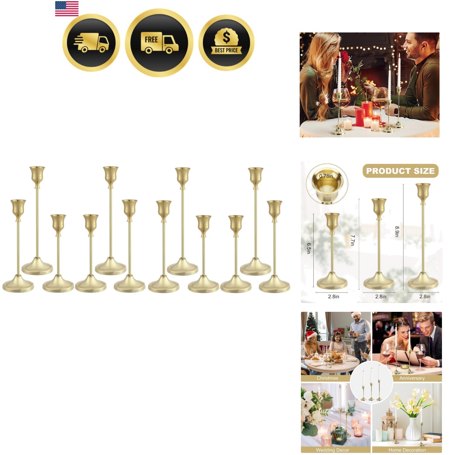 Candlestick Holders Set 12pcs Gold Metal Elegant Tabletop Candle Holders