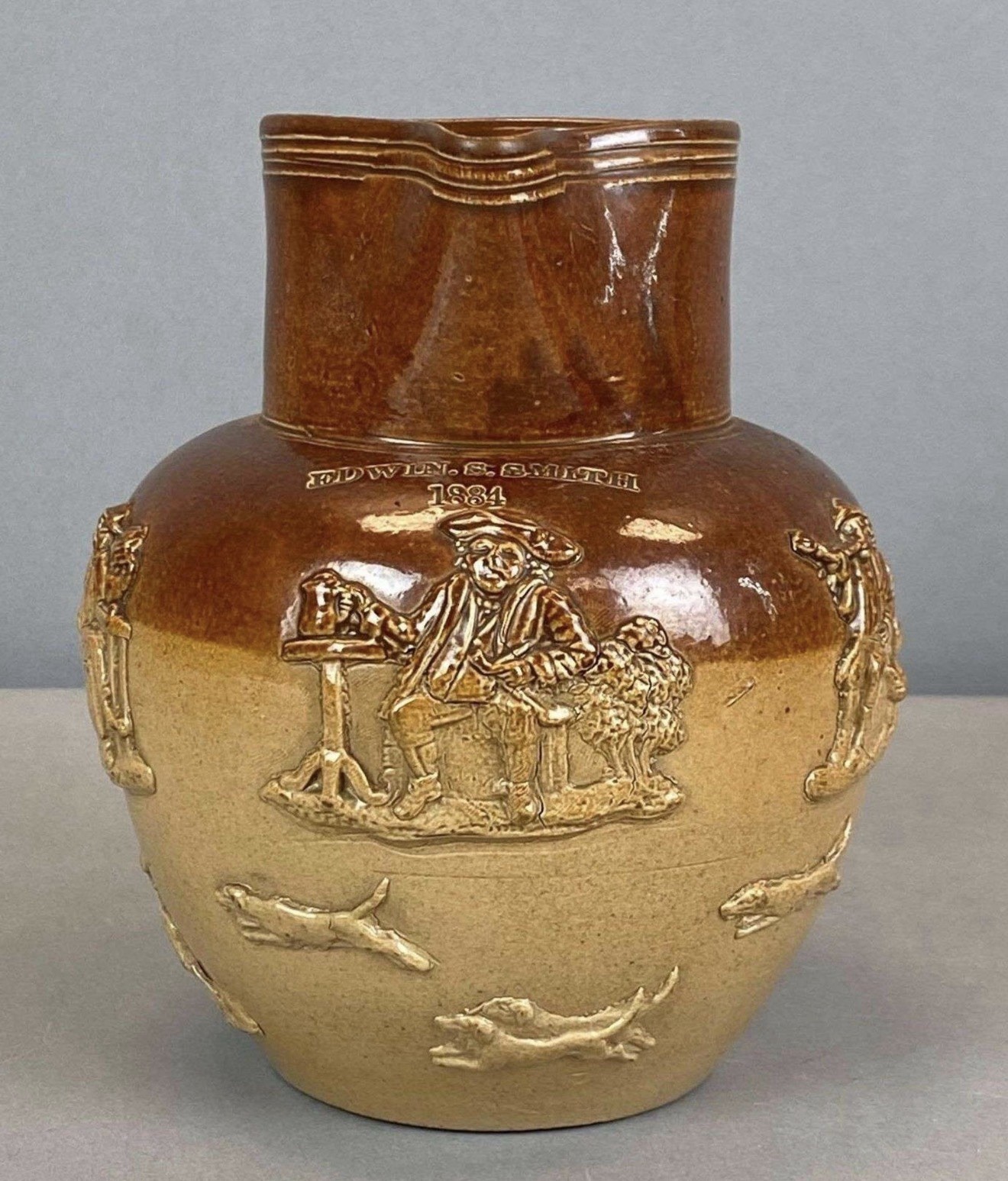 Dated 1884 Edwin S. Smith Figural Relief Stoneware Pitcher | 19th Century