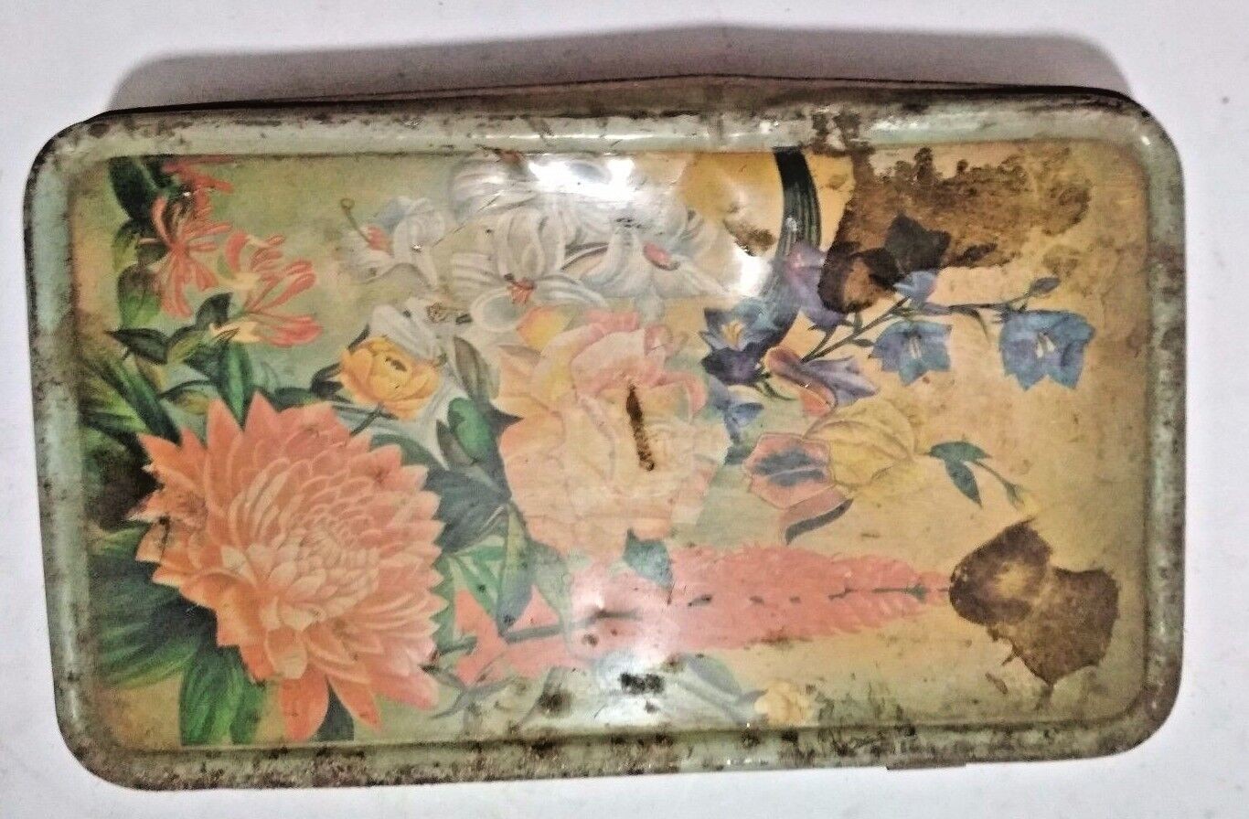 Vintage Floral Tin Box Lithographed Collectible Decoration
