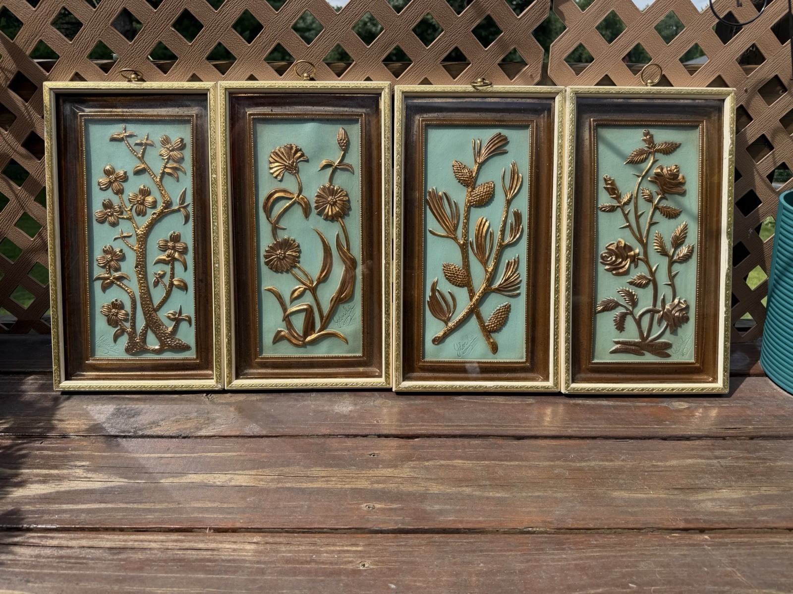 Vintage Homco Gold Floral Wall Plaques Set of 4 MCM Teal Blue Botanical 1970s Vintage Homco Gold Floral Wall Plaques Set of 4 MCM Teal Blue Botanical 1970s