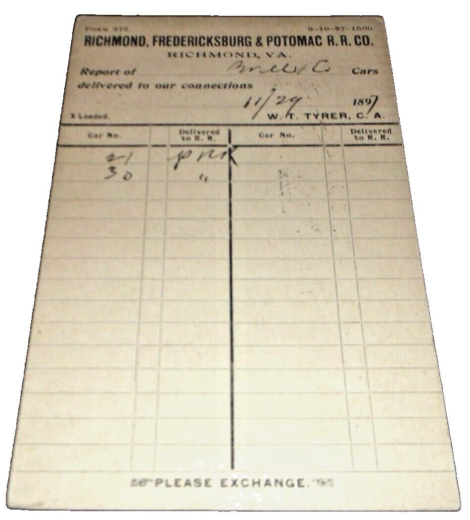 NOVEMBER 1897 RF&P RICHMOND FREDERICKSBURG & POTOMAC FREIGHT CARS INTERCHANGED