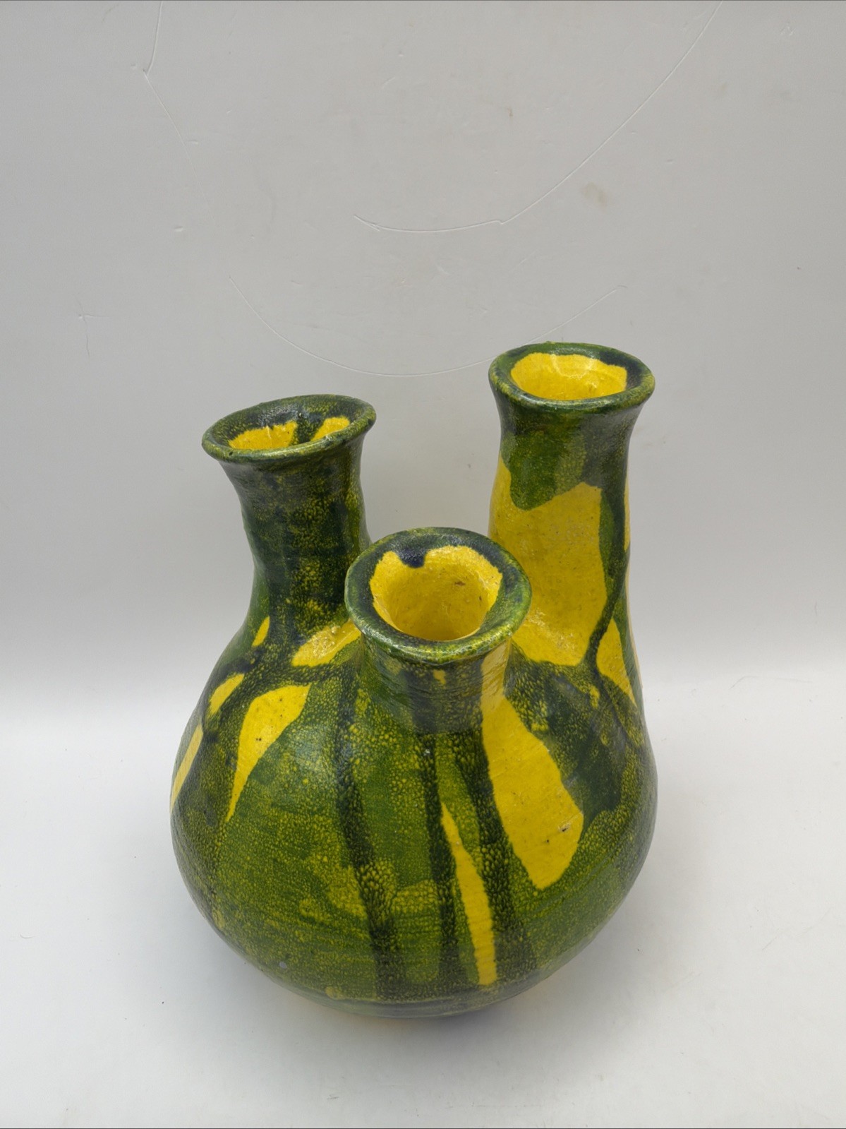 Hand Thrown Studio Triple Spout Pottery Vase Yellow Green signed by artist 1981 Hand Thrown Studio Triple Spout Pottery Vase Yellow Green signed by artist 1981