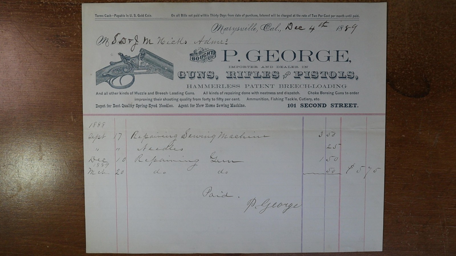 1889 Marysville Yuba CA P. George Guns Rifles & Pistols Fishing Tackle Billhead