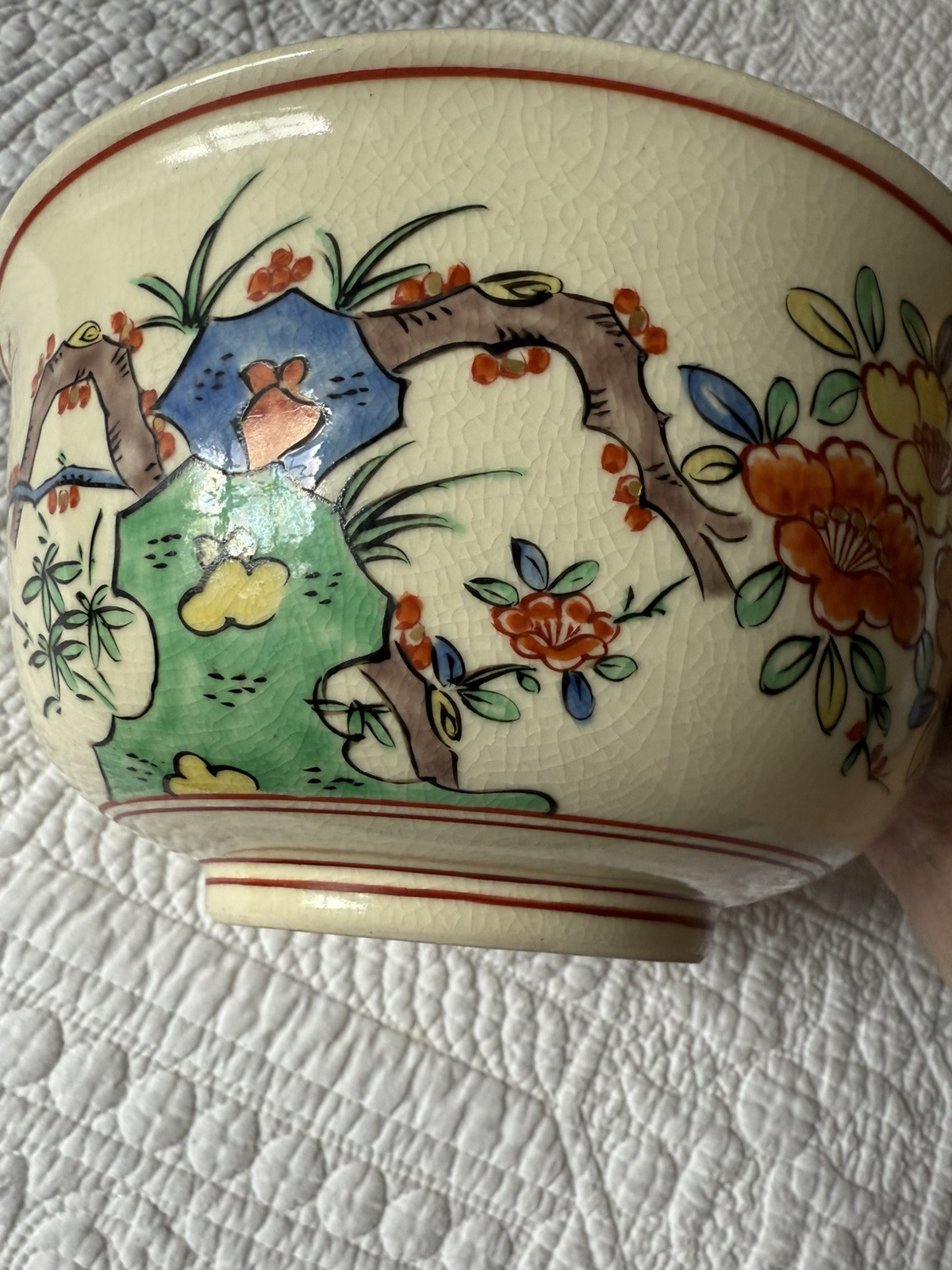 Rare Antique Japanese Porcelain 7” Bowl, Hand Painted w/ Famille Roses, Birds Rare Antique Japanese Porcelain 7” Bowl, Hand Painted w/ Famille Roses, Birds
