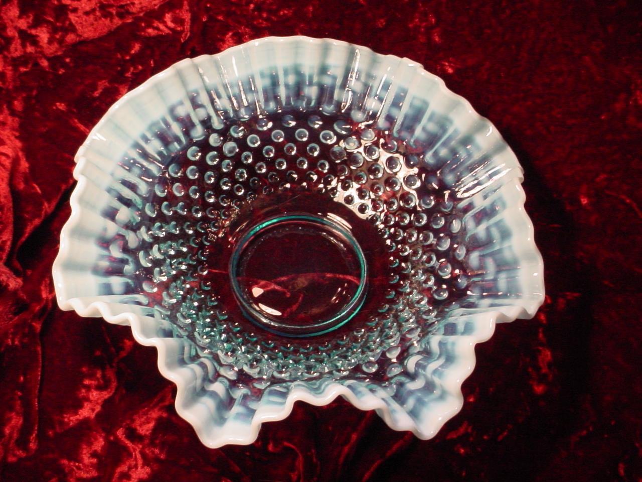 Vintage pre-logo Fenton Blue / Turquoise hobnail opalescent ruffled 11