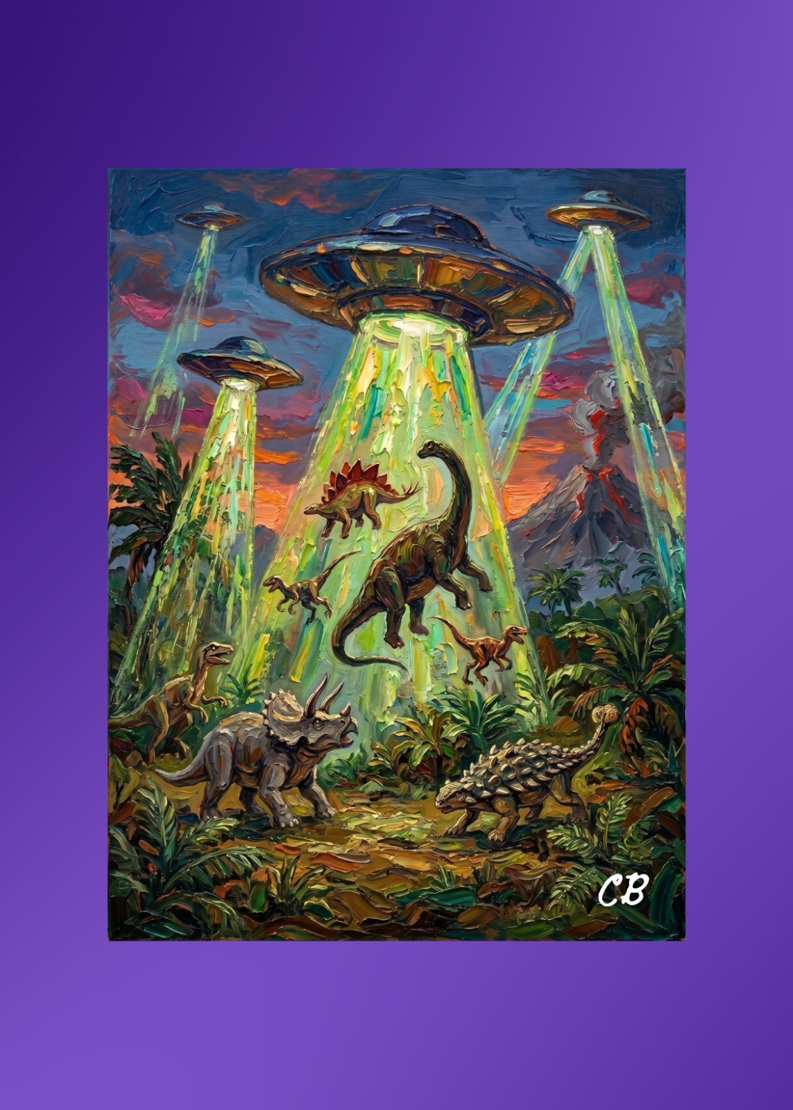 UFO Dinosaur Abduction ACEO Print | UAP Folk Art | Alien Saucers Jurassic Art