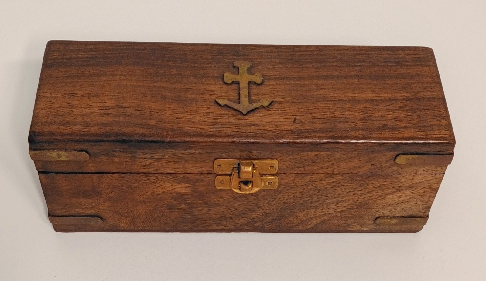 Vintage Wood & Brass Box - Nautical Navy Anchor Decor - Man Cave Decor- Patina